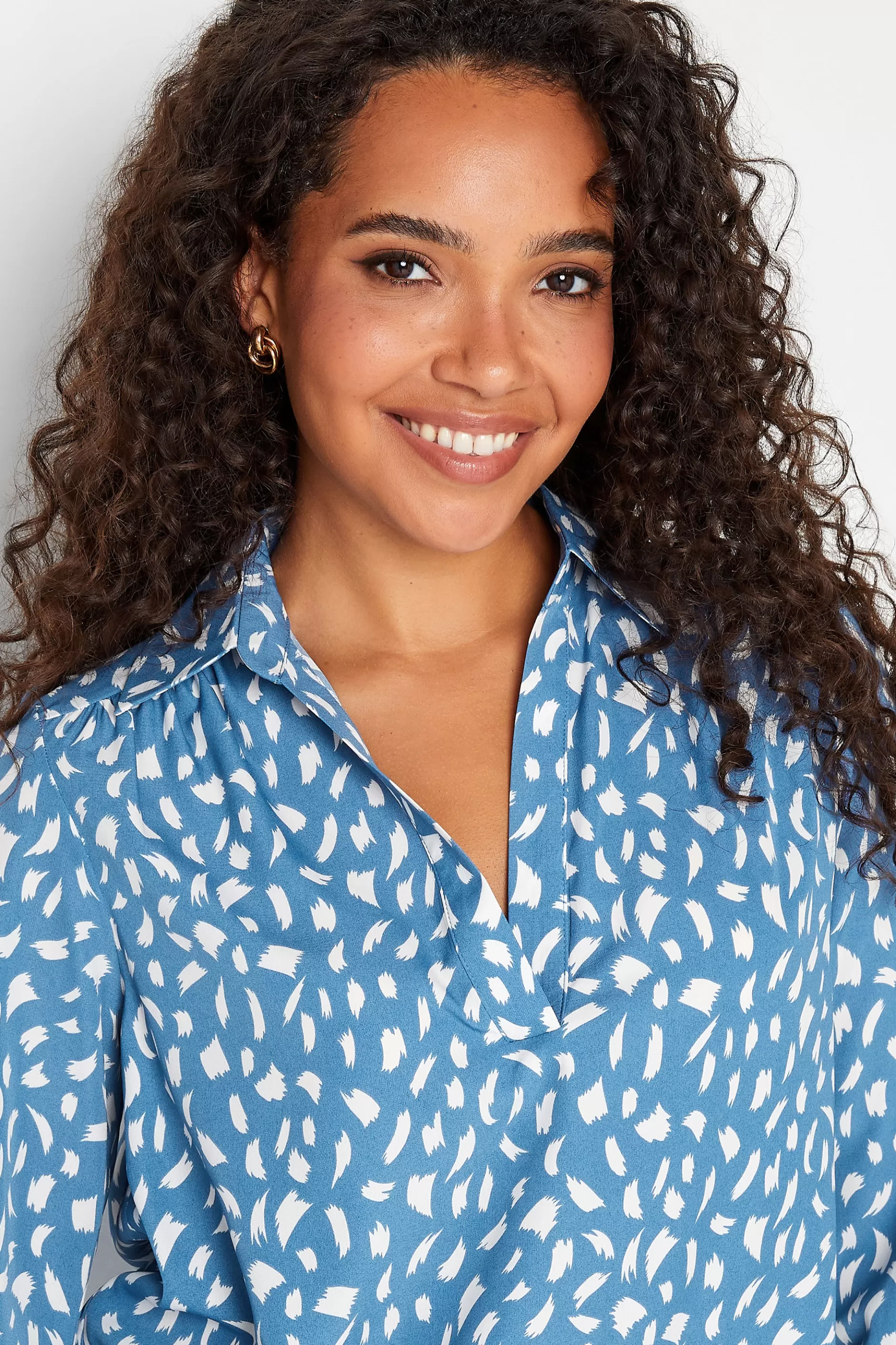 Women M&Co Shirts> Womens Blue Brush Stroke Print Half Placket Shirt