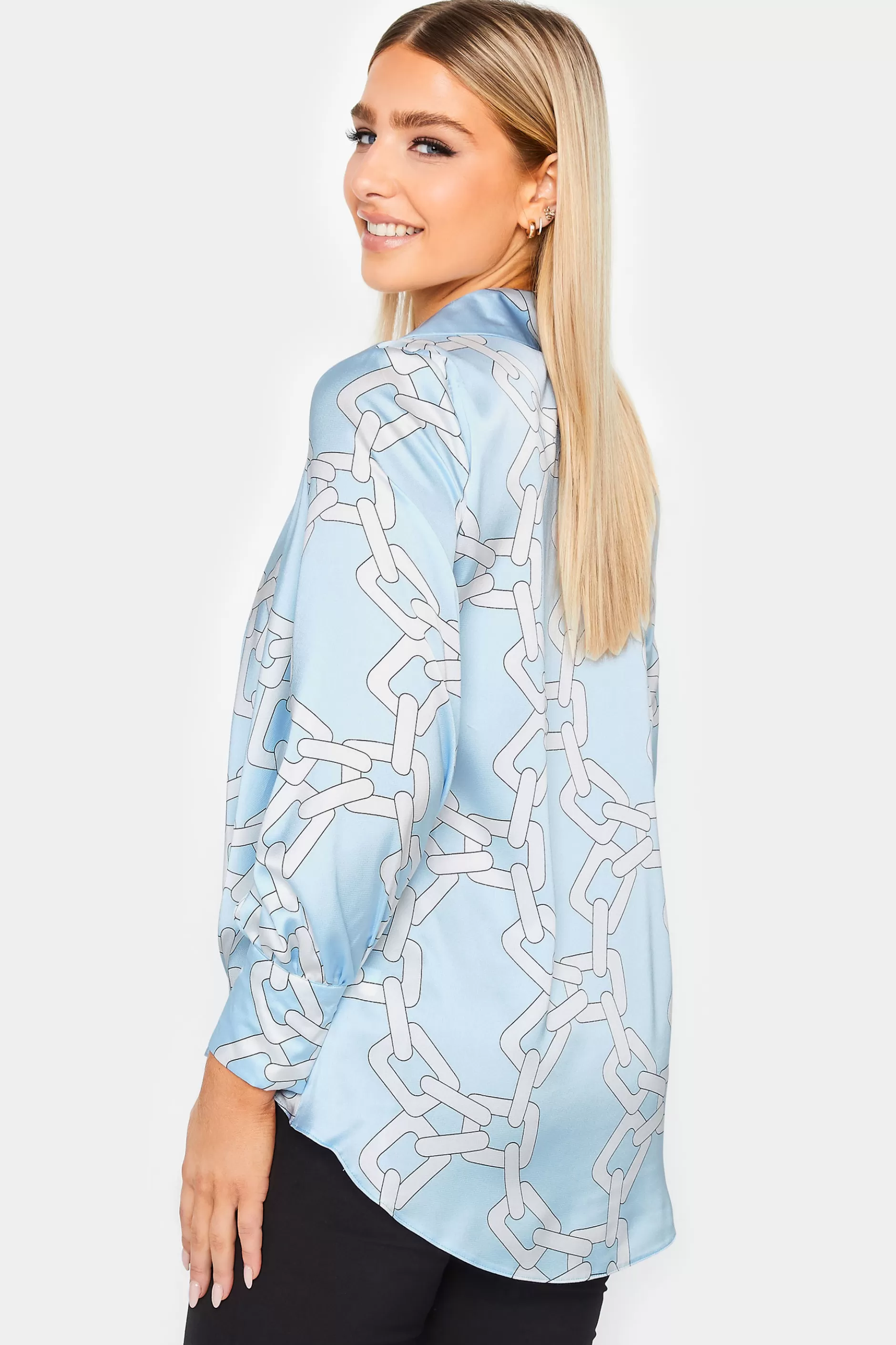 Women M&Co Long Sleeve Tops> Womens Blue Chain Print Cowl Neck Satin Blouse