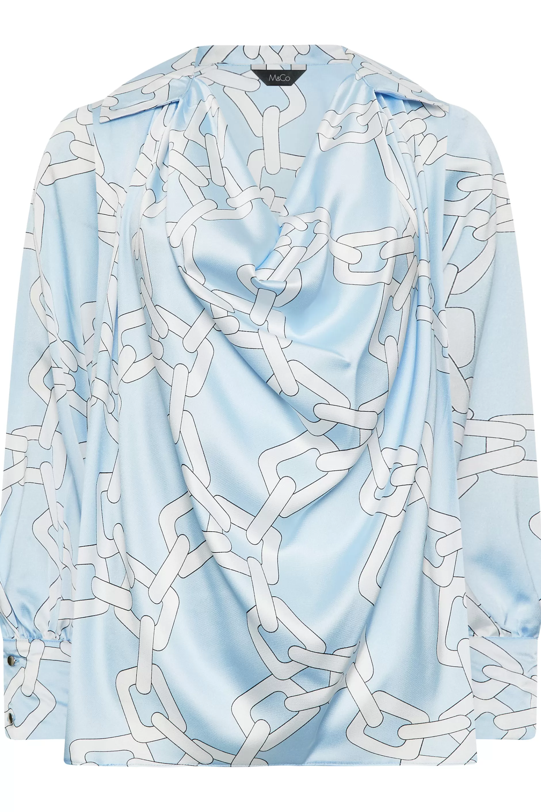 Women M&Co Long Sleeve Tops> Womens Blue Chain Print Cowl Neck Satin Blouse