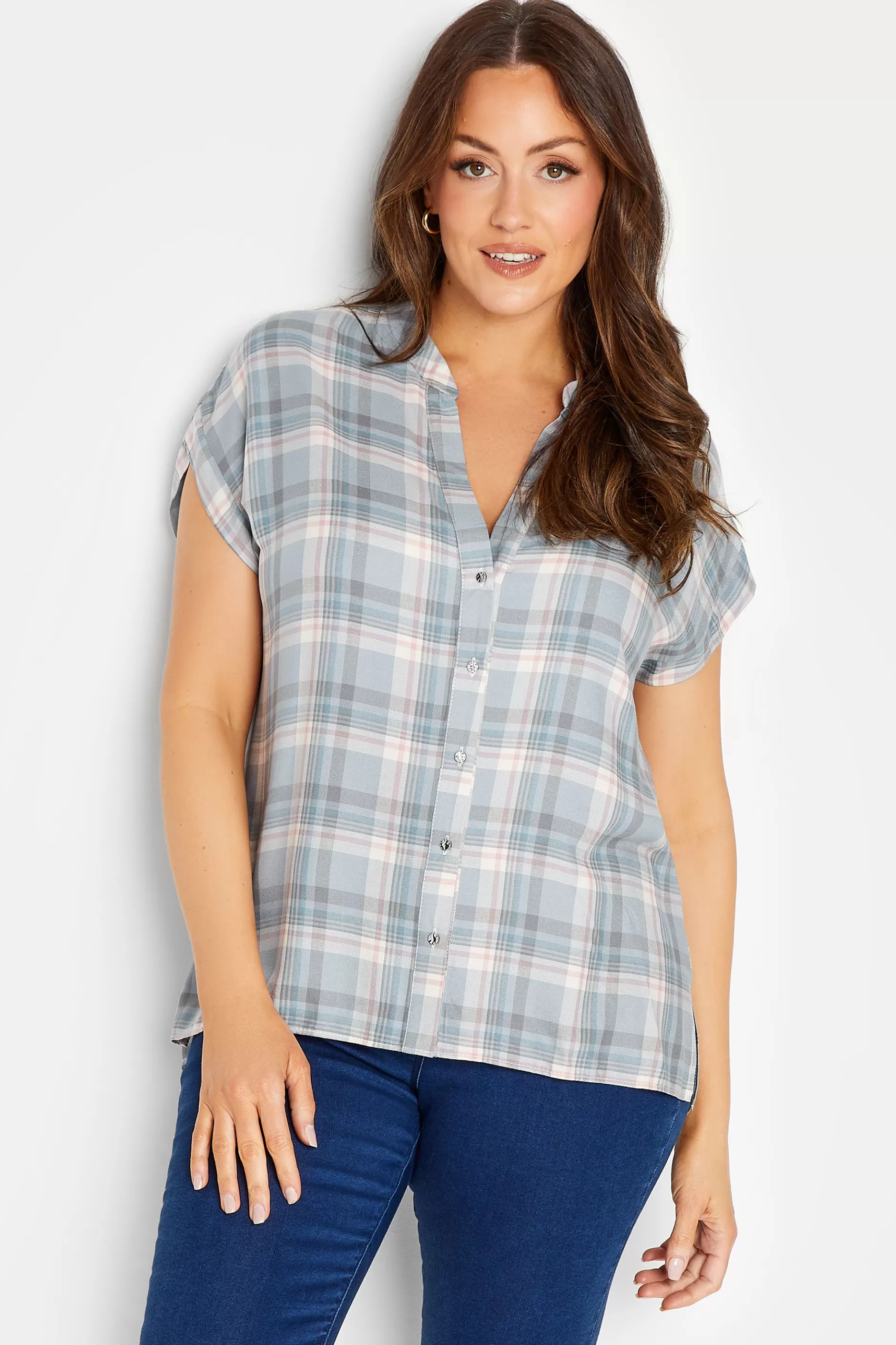 Women M&Co Shirts> Womens Blue Check Grown On Sleeve Shirt