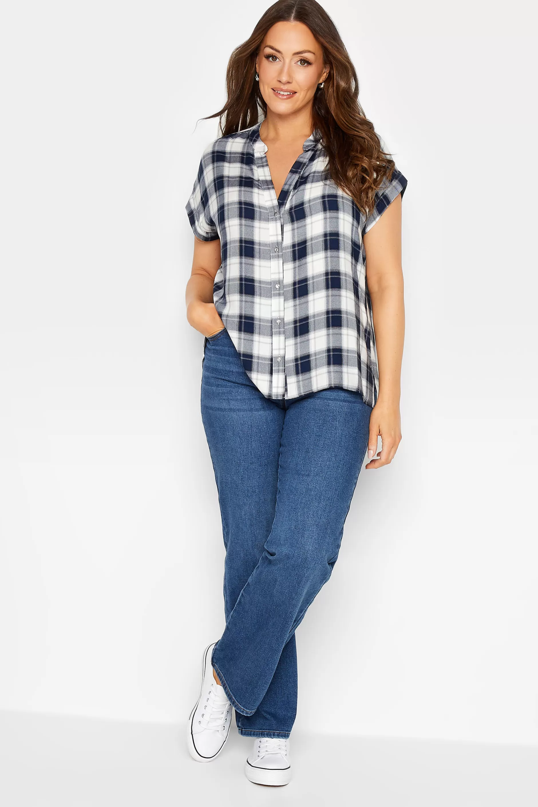 Women M&Co Short Sleeve Tops> Womens Blue Check Print Shirt