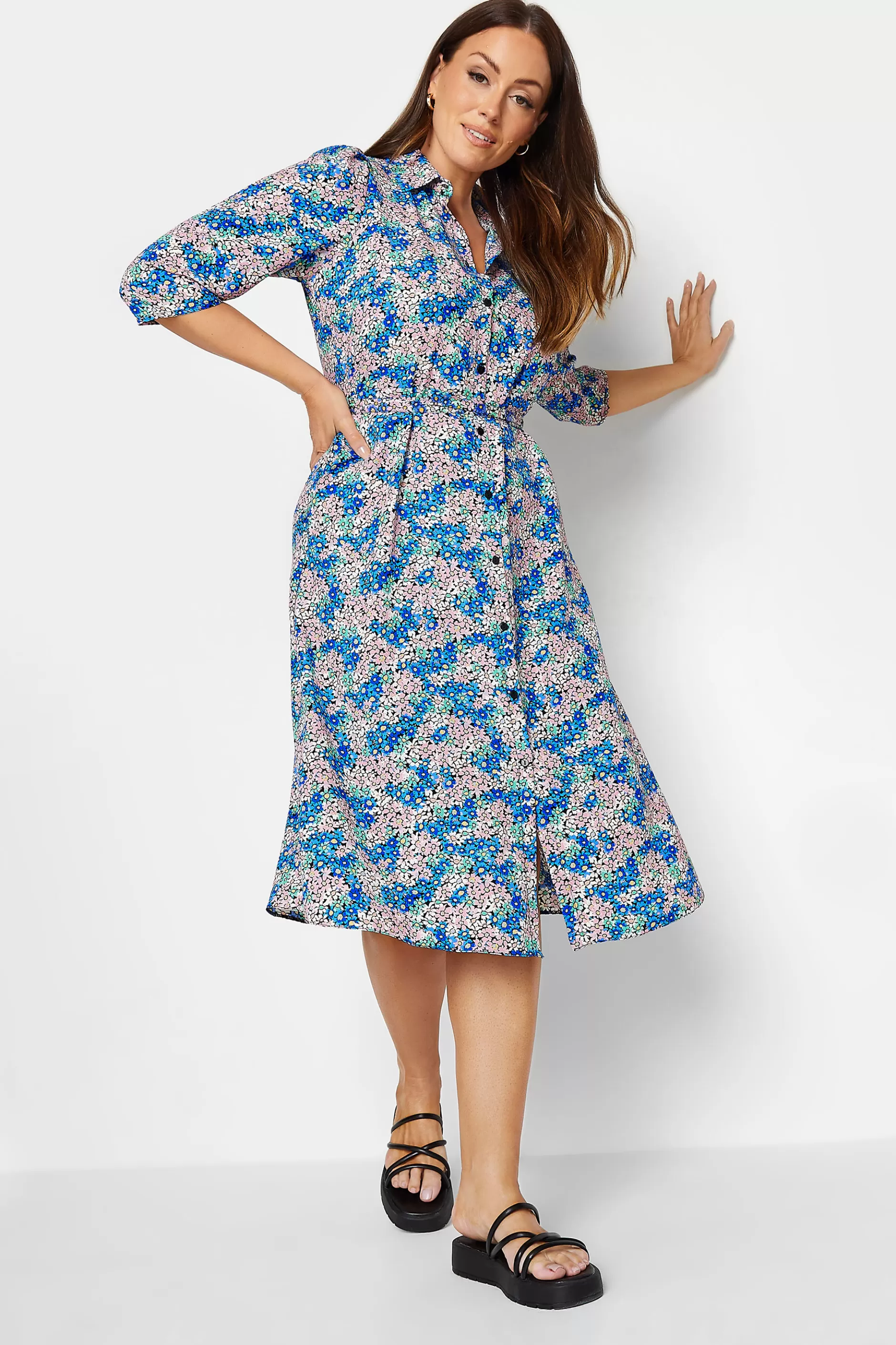 Women M&Co Shirt Dresses> Womens Blue Ditsy Floral Tie Belt Dress