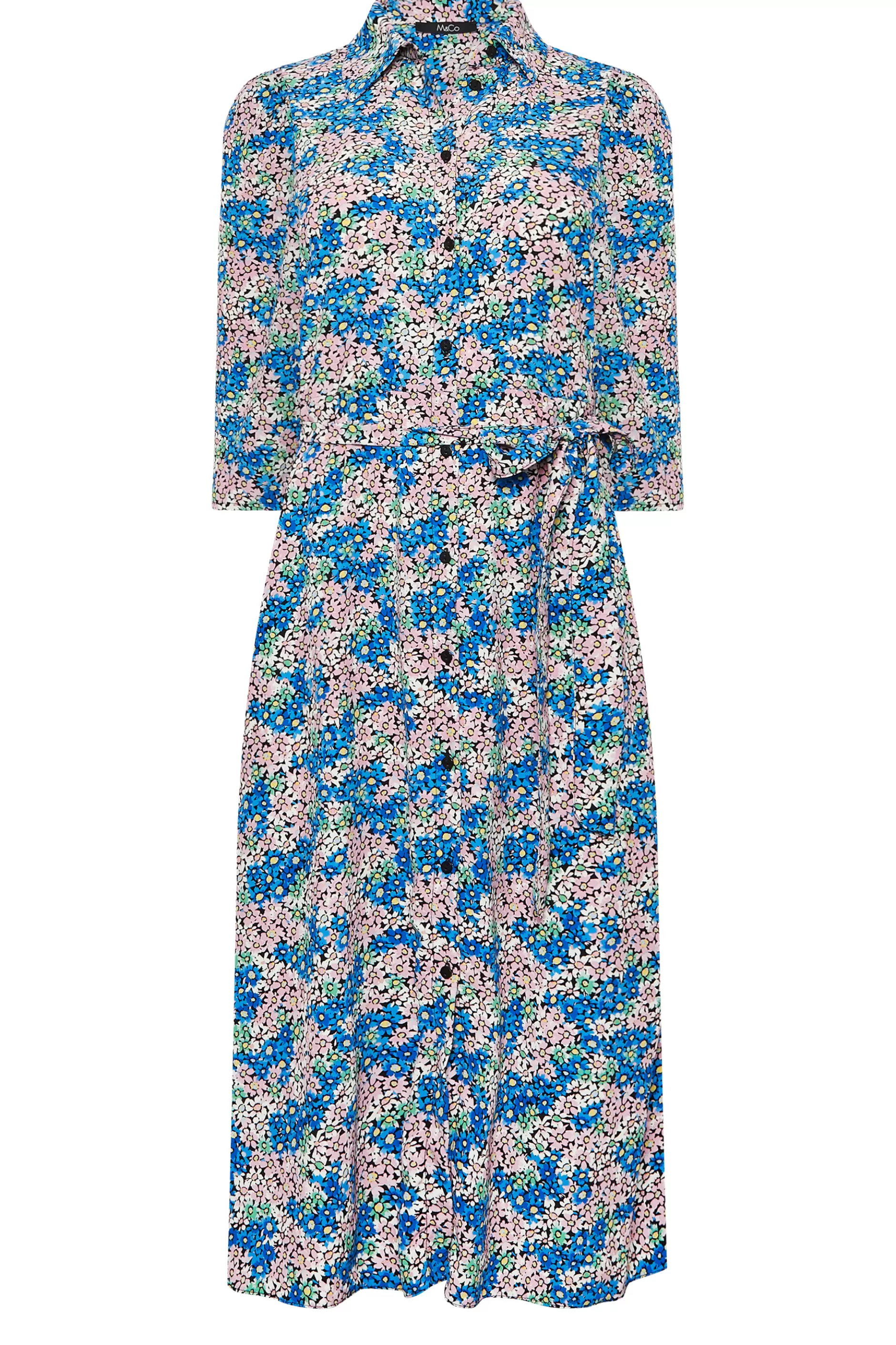 Women M&Co Shirt Dresses> Womens Blue Ditsy Floral Tie Belt Dress