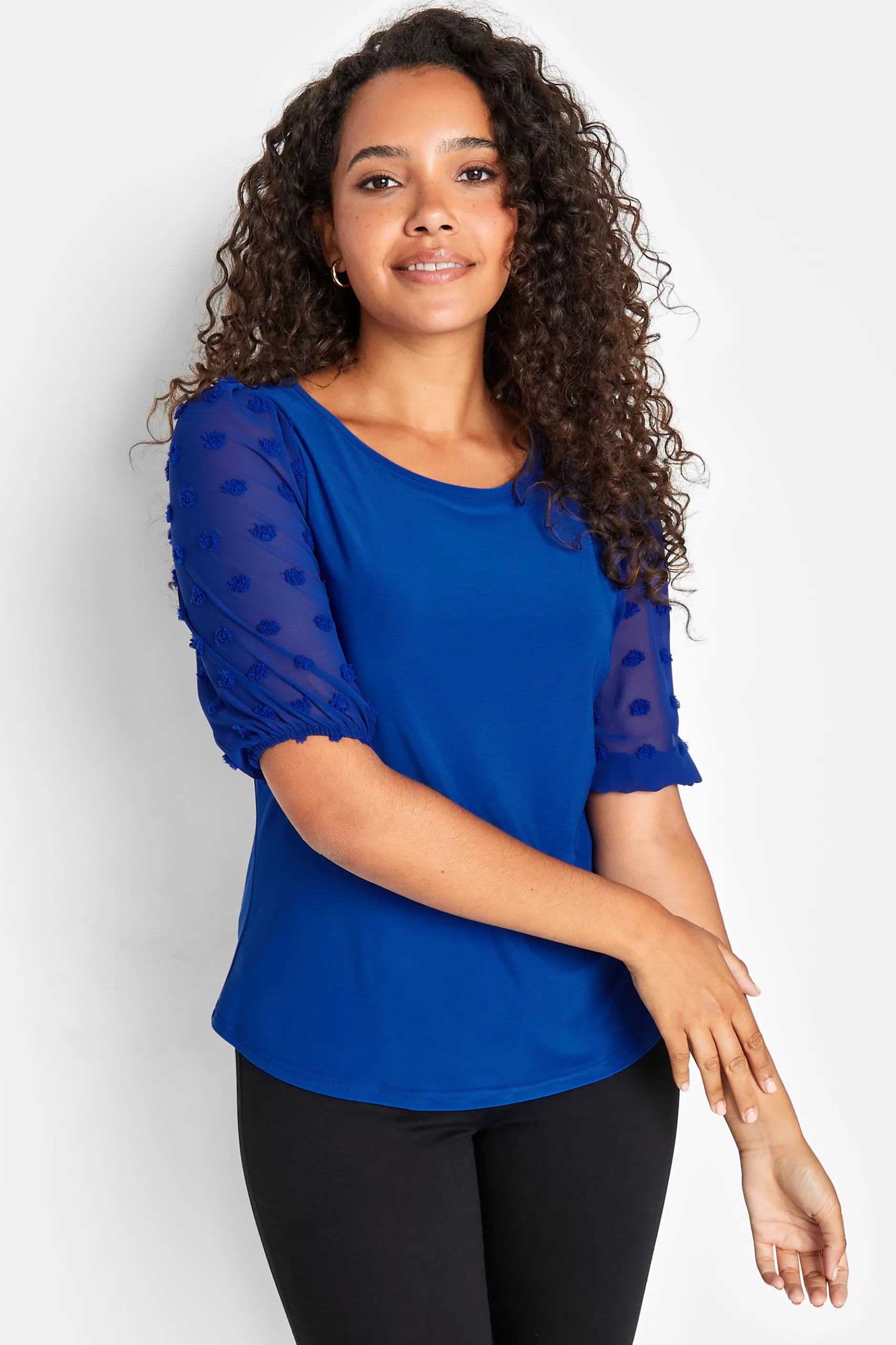 Women M&Co Short Sleeve Tops> Womens Blue Dobby Sleeve Blouse