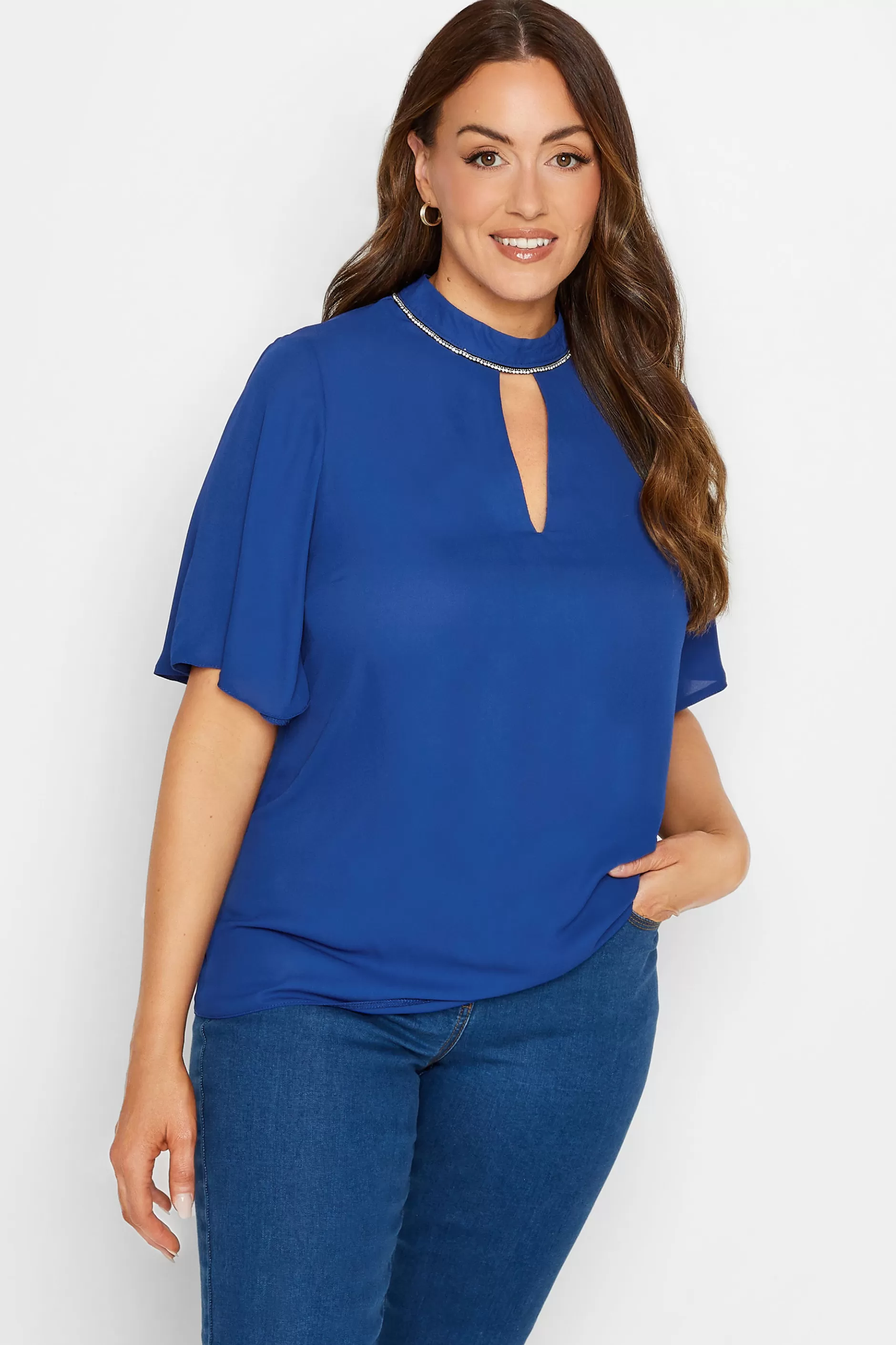 Women M&Co Blouses> Womens Blue Embellished Neck Keyhole Blouse