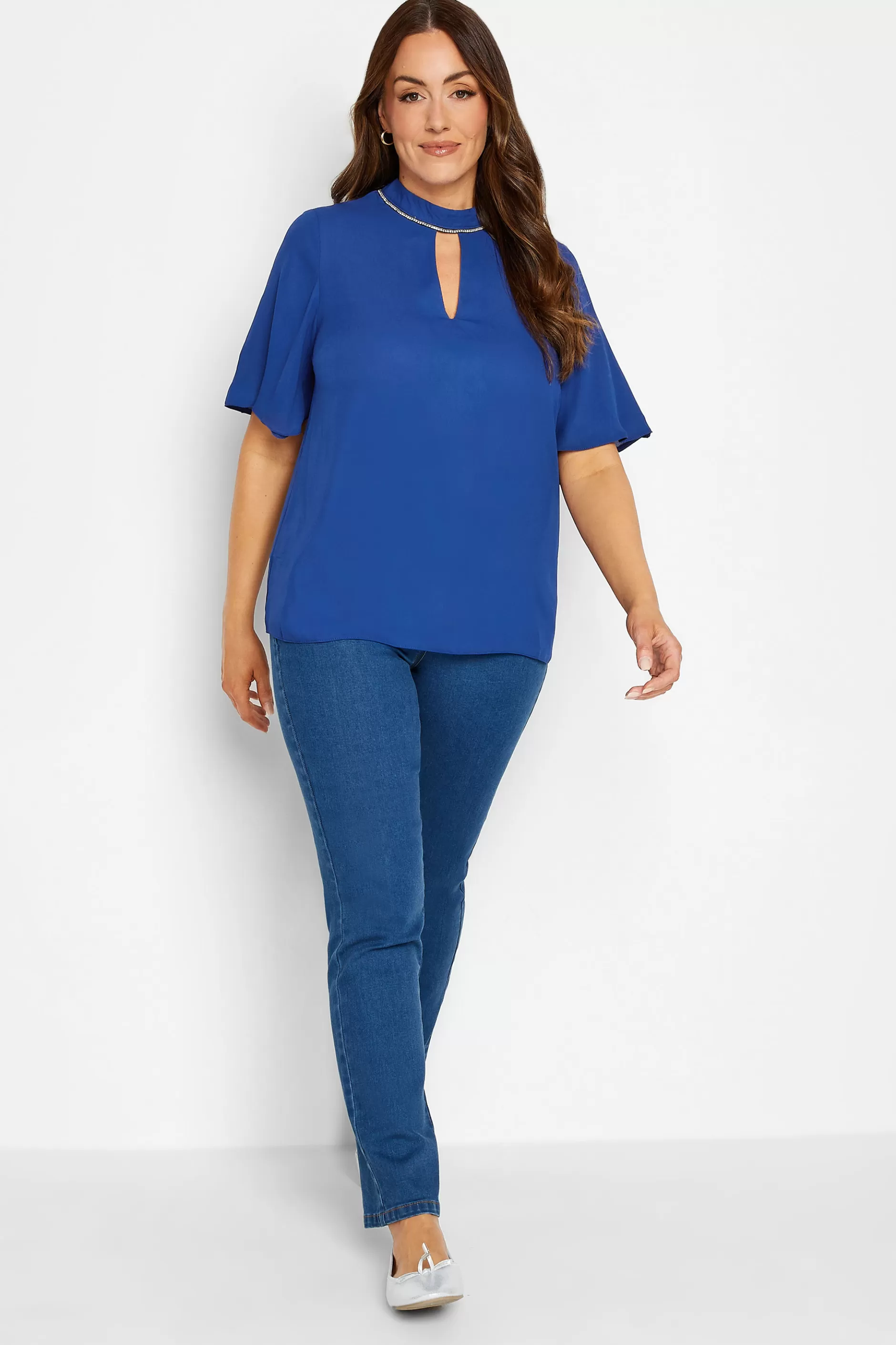 Women M&Co Blouses> Womens Blue Embellished Neck Keyhole Blouse