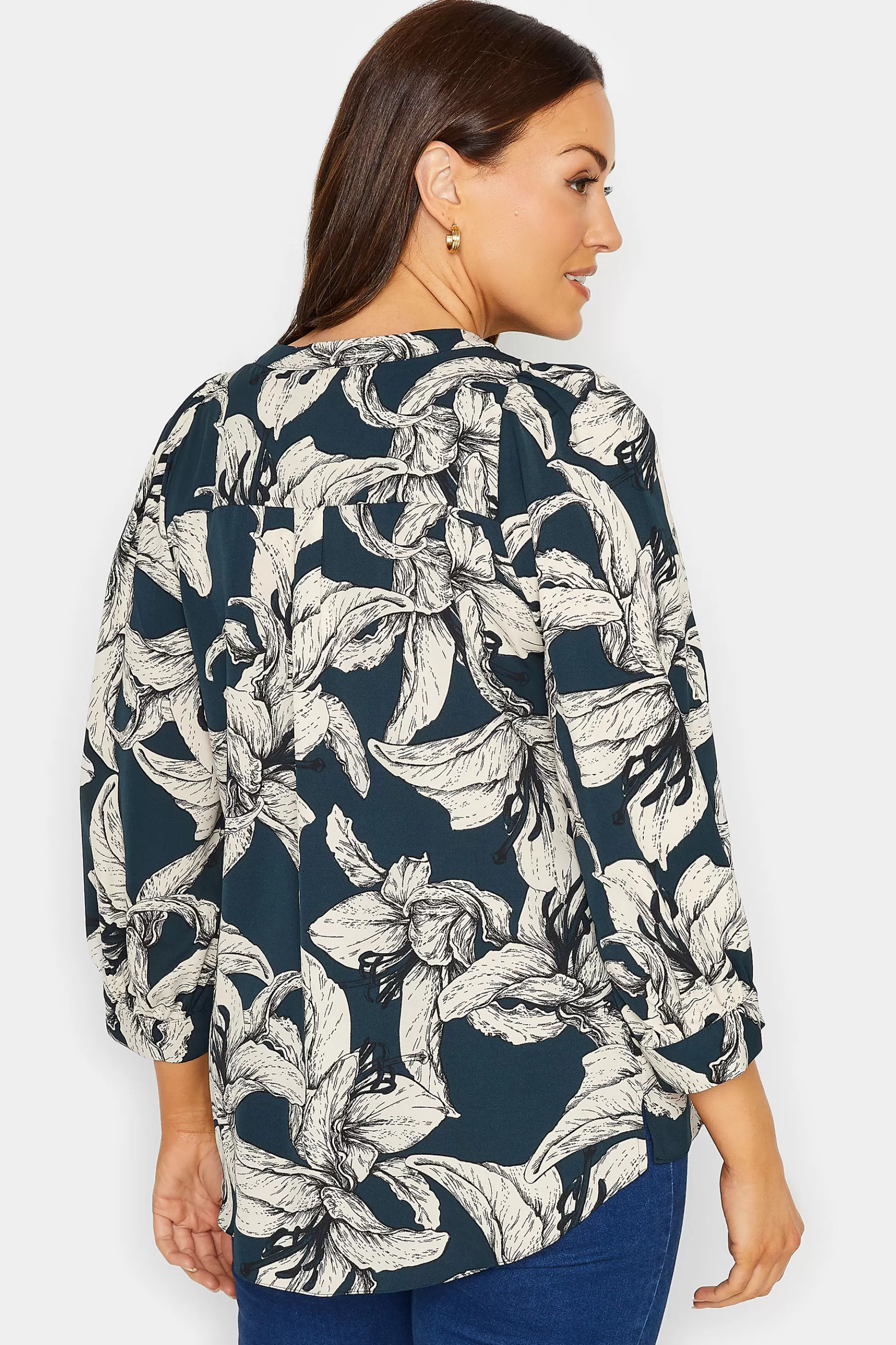 Women M&Co Shirts> Womens Blue Floral Print 3/4 Sleeve Blouse