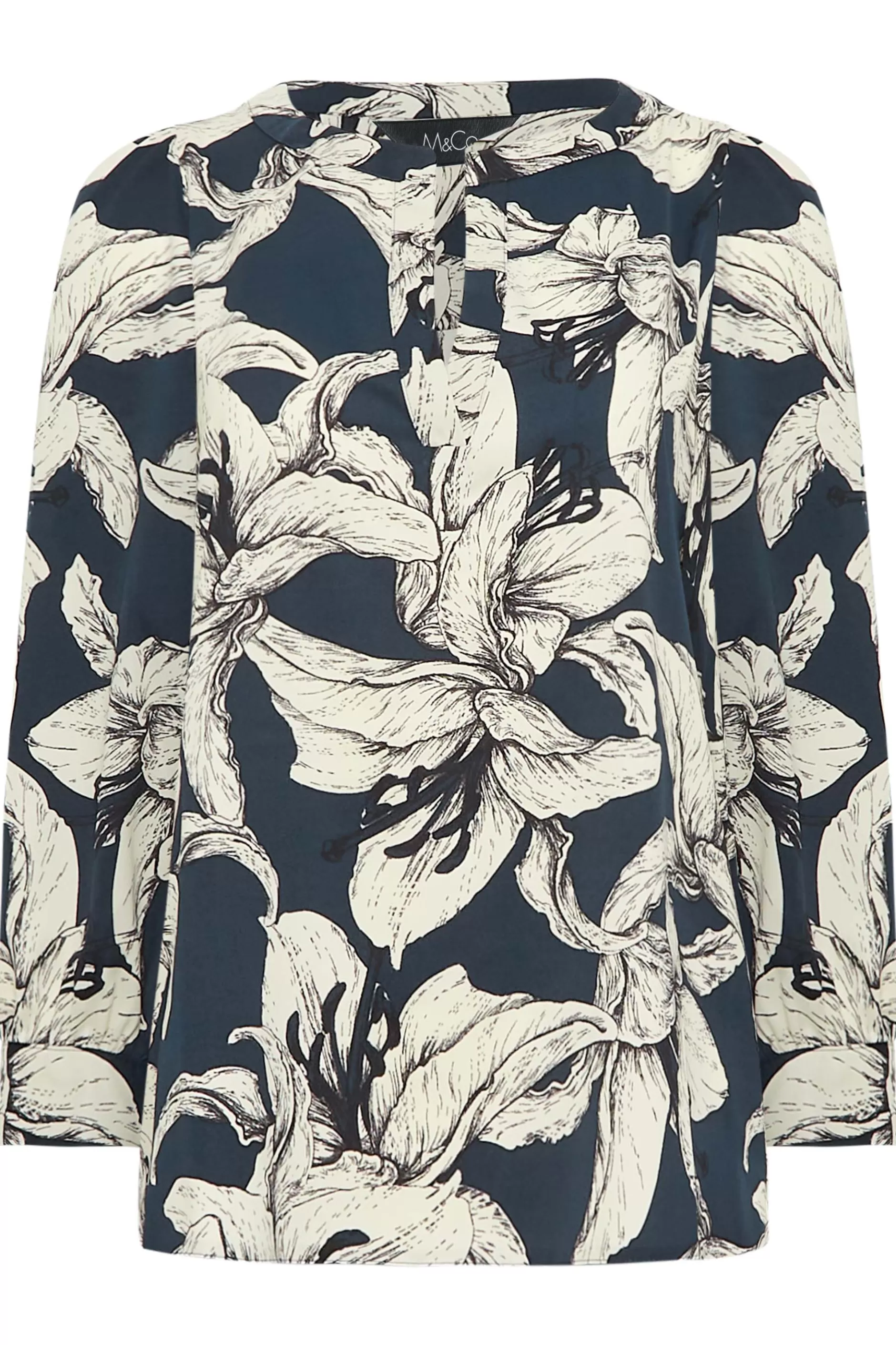 Women M&Co Shirts> Womens Blue Floral Print 3/4 Sleeve Blouse