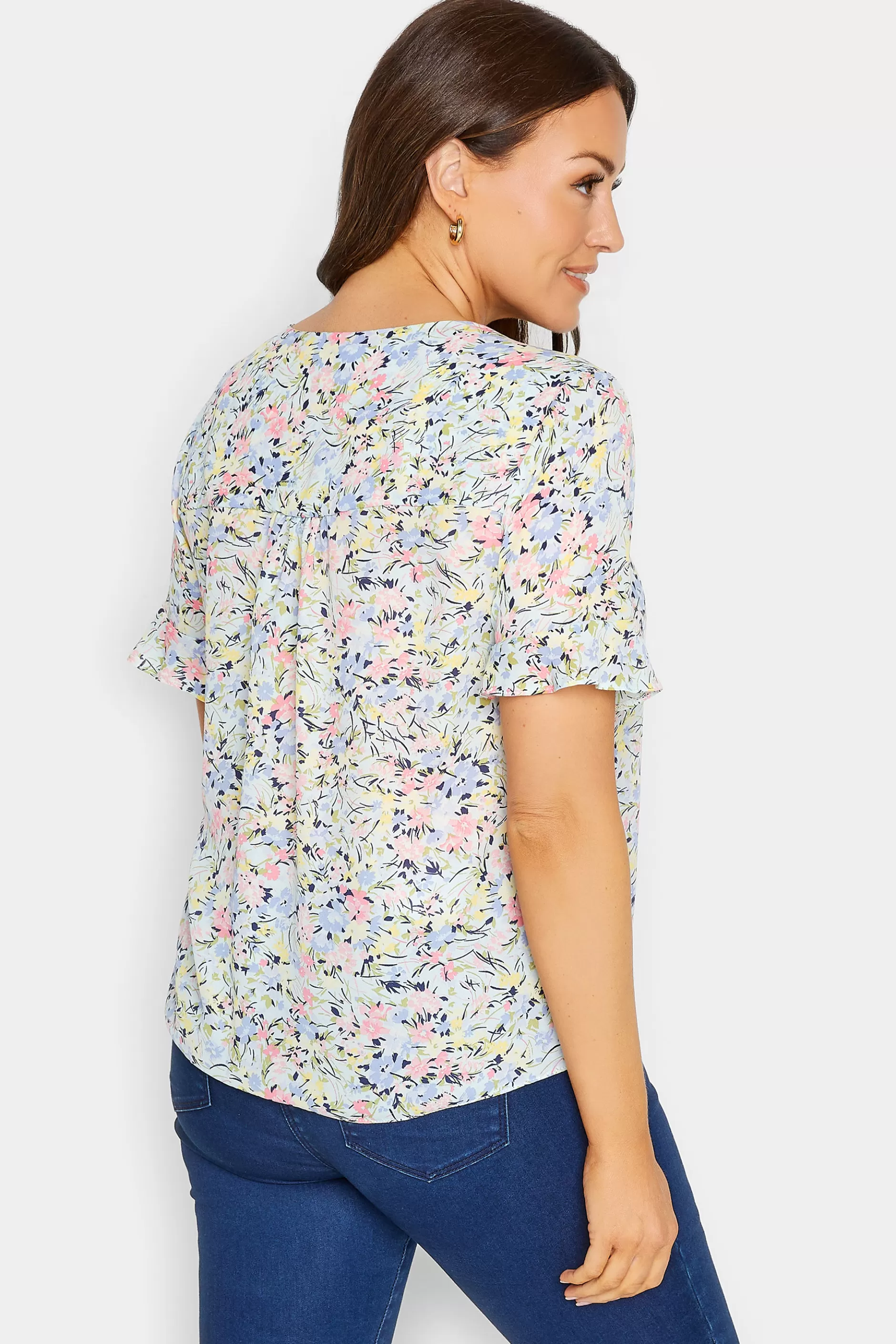 Women M&Co Shirts> Womens Blue Floral Print Frill Sleeve Blouse