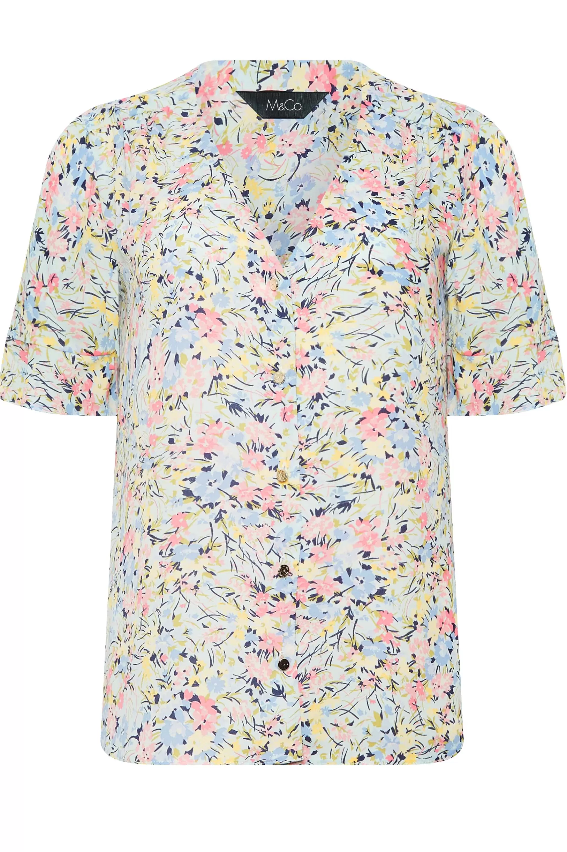 Women M&Co Shirts> Womens Blue Floral Print Frill Sleeve Blouse