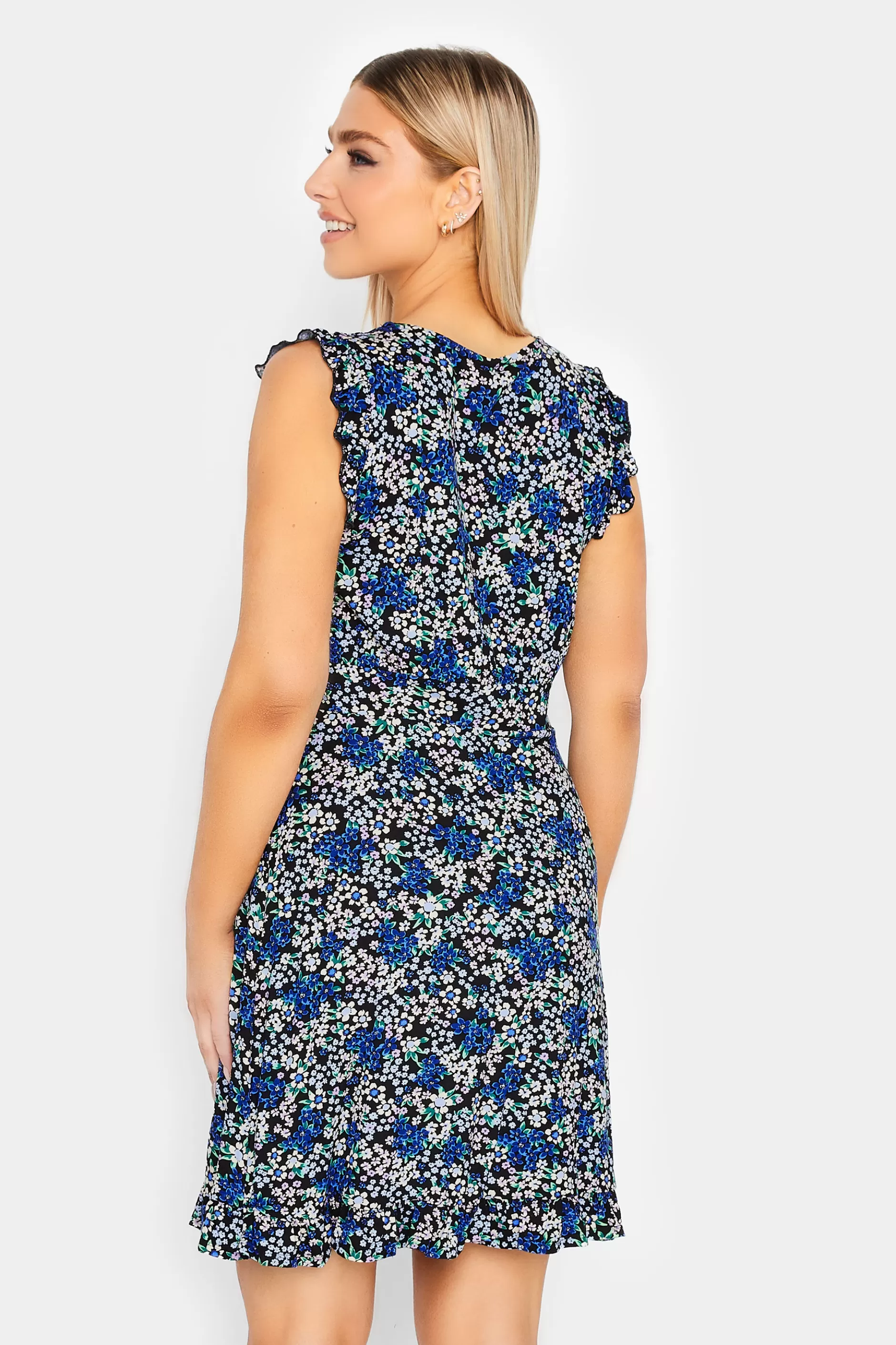 Women M&Co Midi Dresses> Womens Blue Floral Print Frill Sleeve Mini Dress