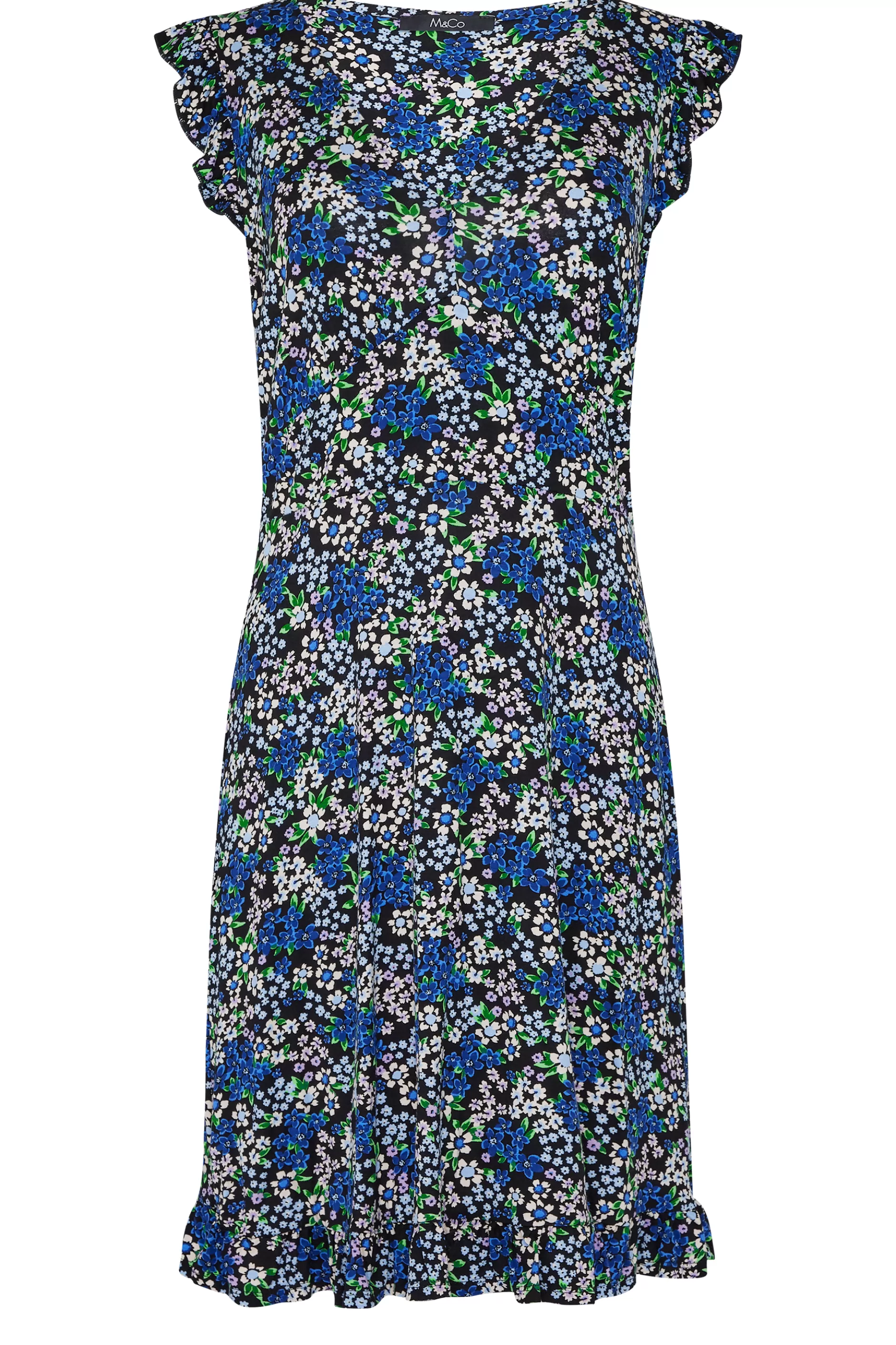 Women M&Co Midi Dresses> Womens Blue Floral Print Frill Sleeve Mini Dress