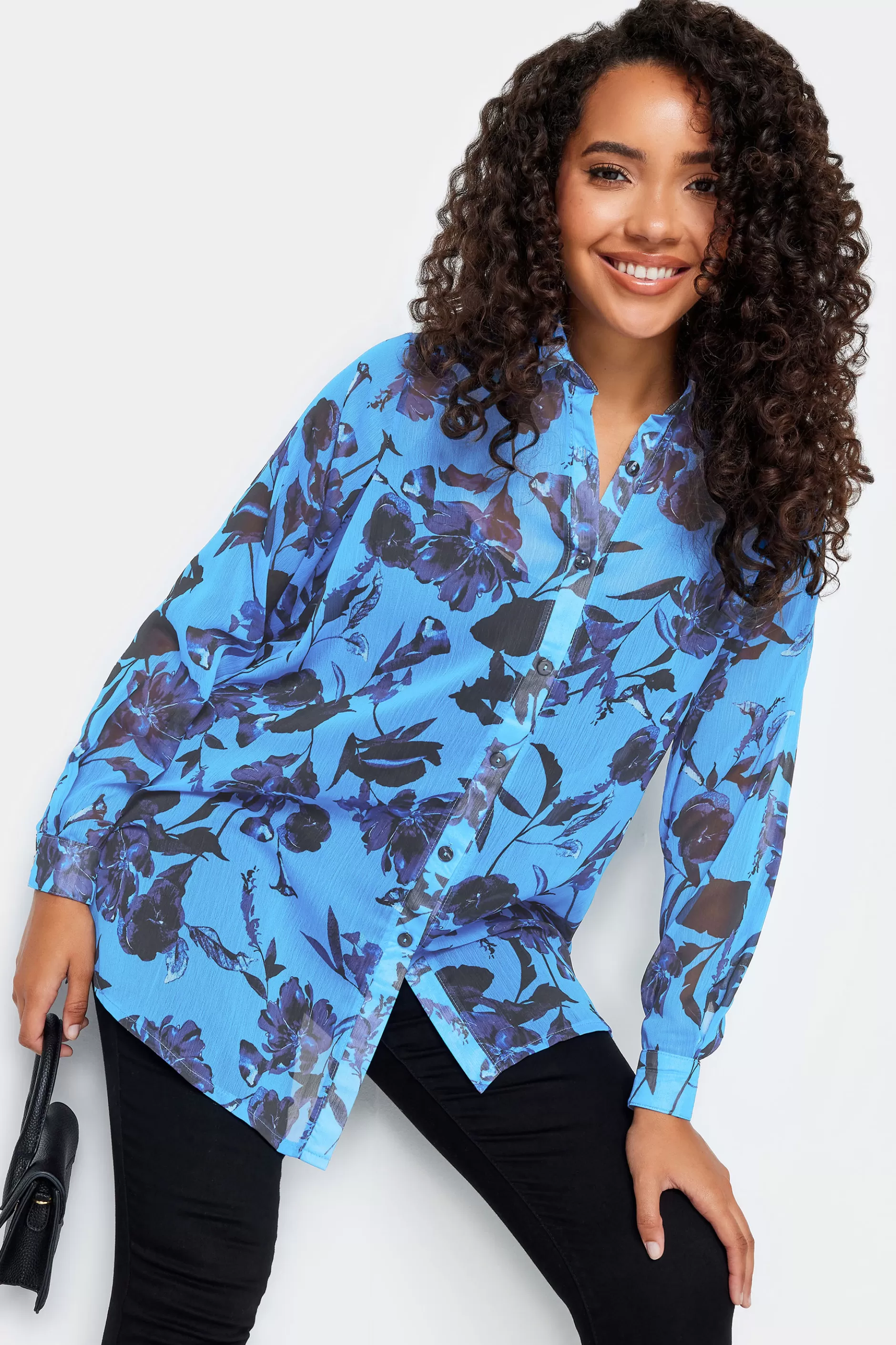 Women M&Co Shirts> Womens Blue Floral Print Longline Shirt