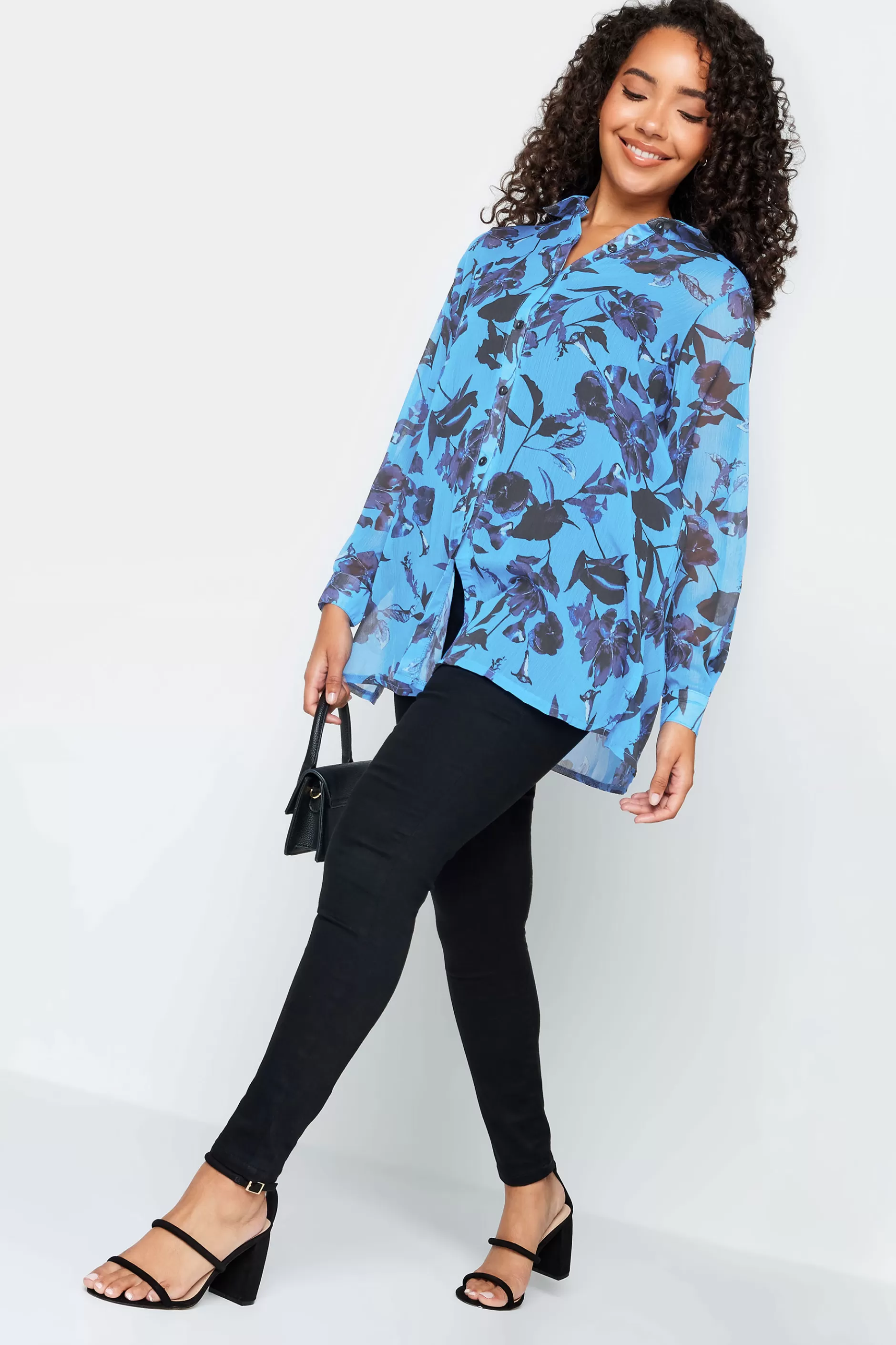 Women M&Co Shirts> Womens Blue Floral Print Longline Shirt