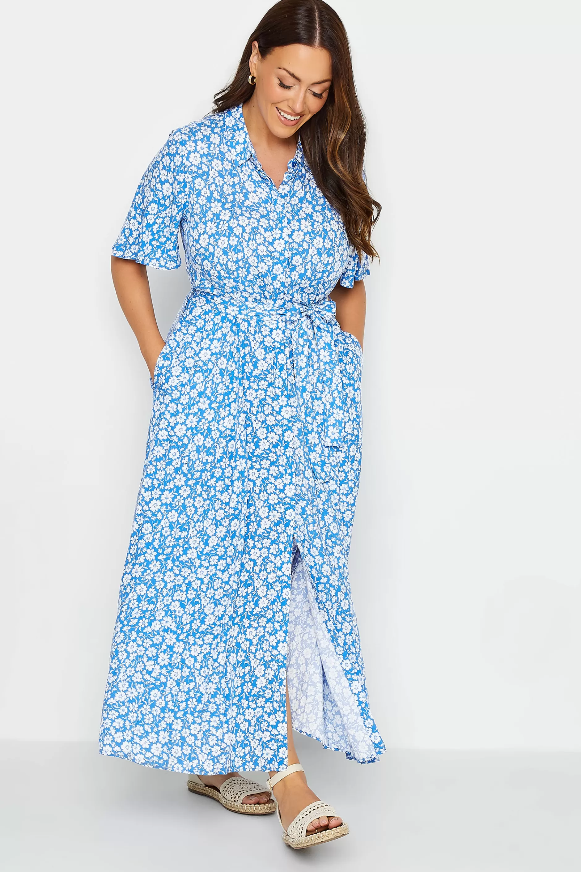 Women M&Co Shirt Dresses> Womens Blue Floral Print Maxi Shirt Dress