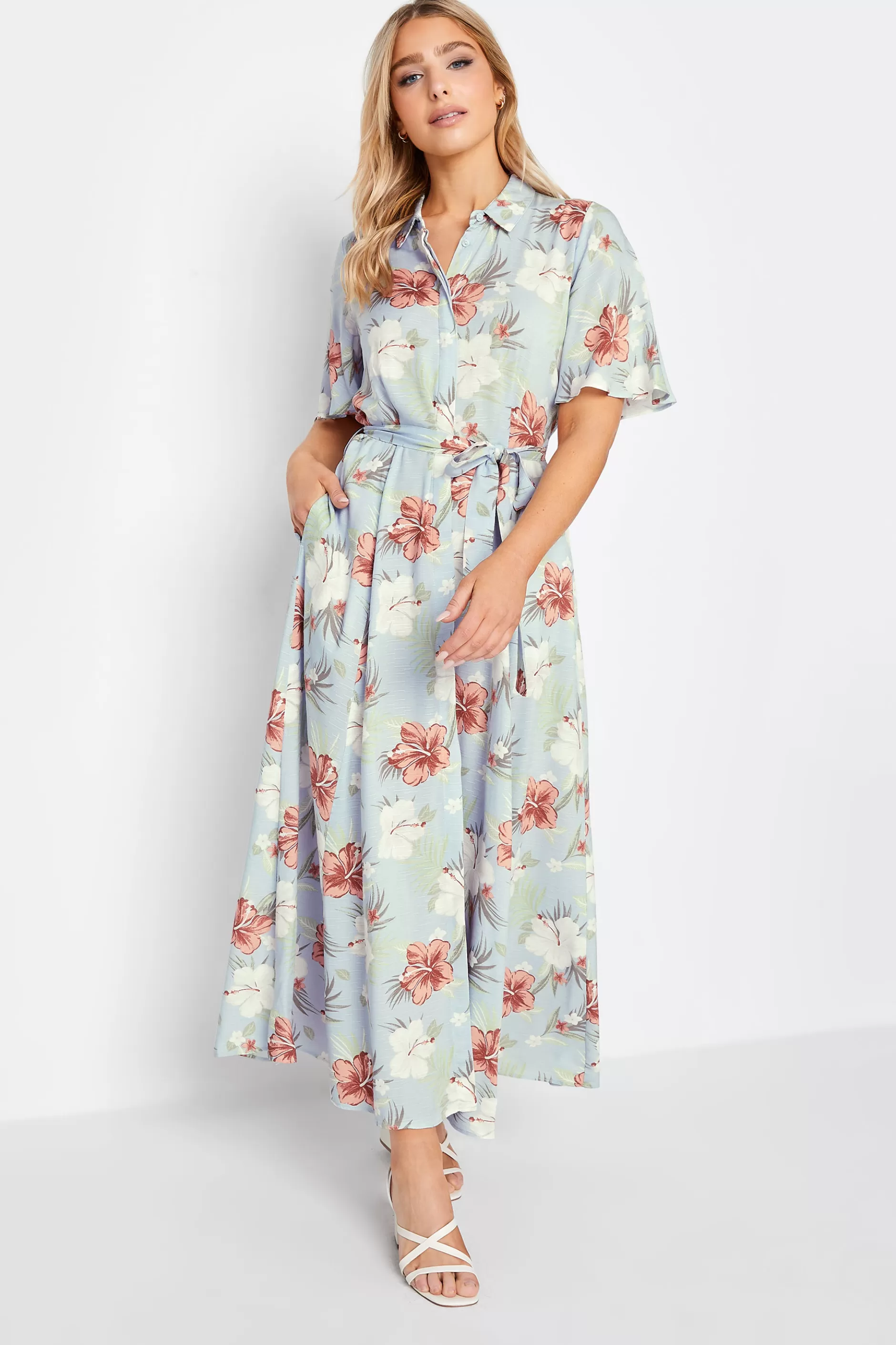 Women M&Co Wedding Guest Dresses> Womens Blue Floral Print Shirt Dress