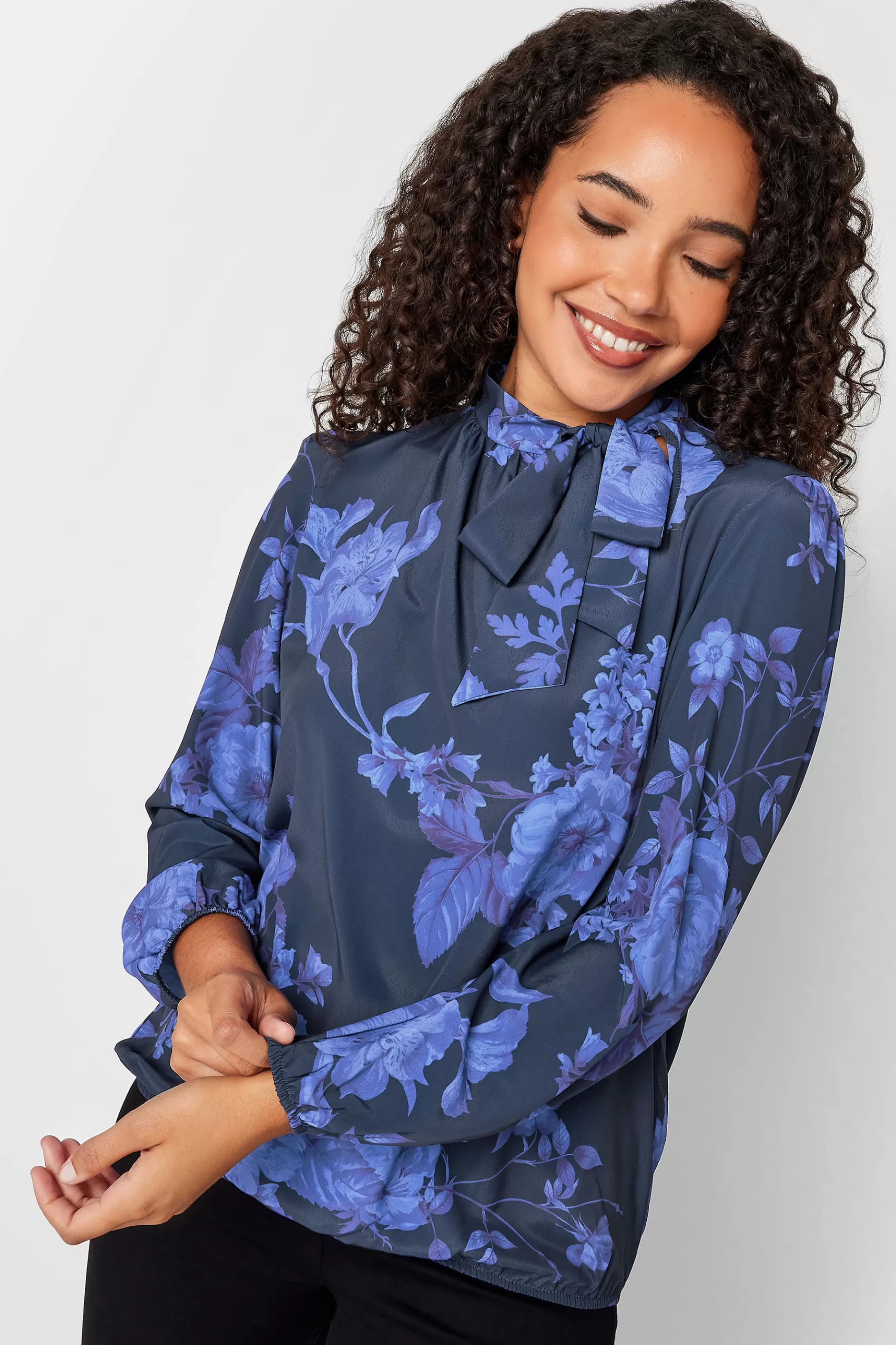 Women M&Co Blouses> Womens Blue Floral Print Tie Neck Bubble Hem Blouse
