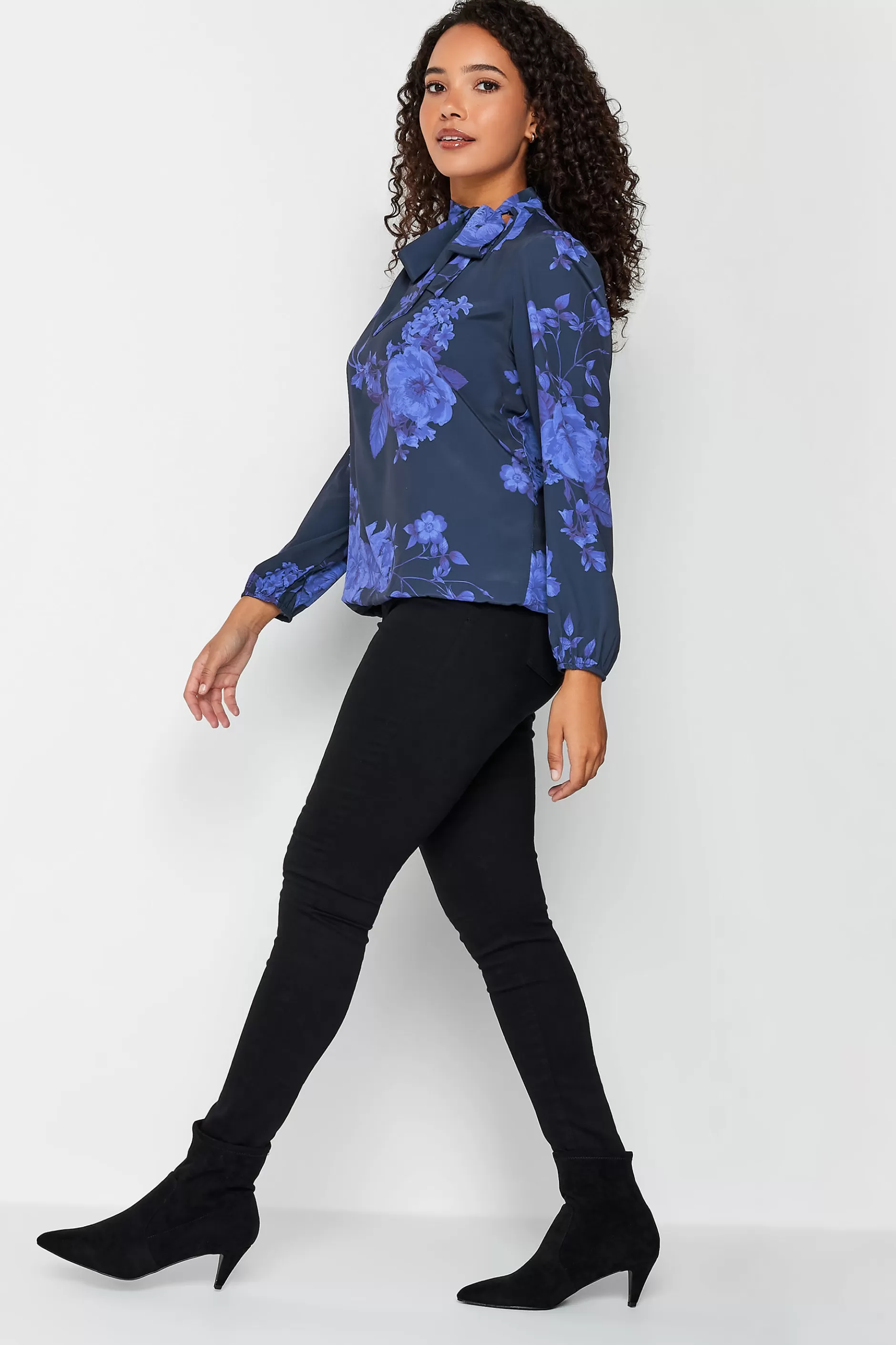 Women M&Co Blouses> Womens Blue Floral Print Tie Neck Bubble Hem Blouse