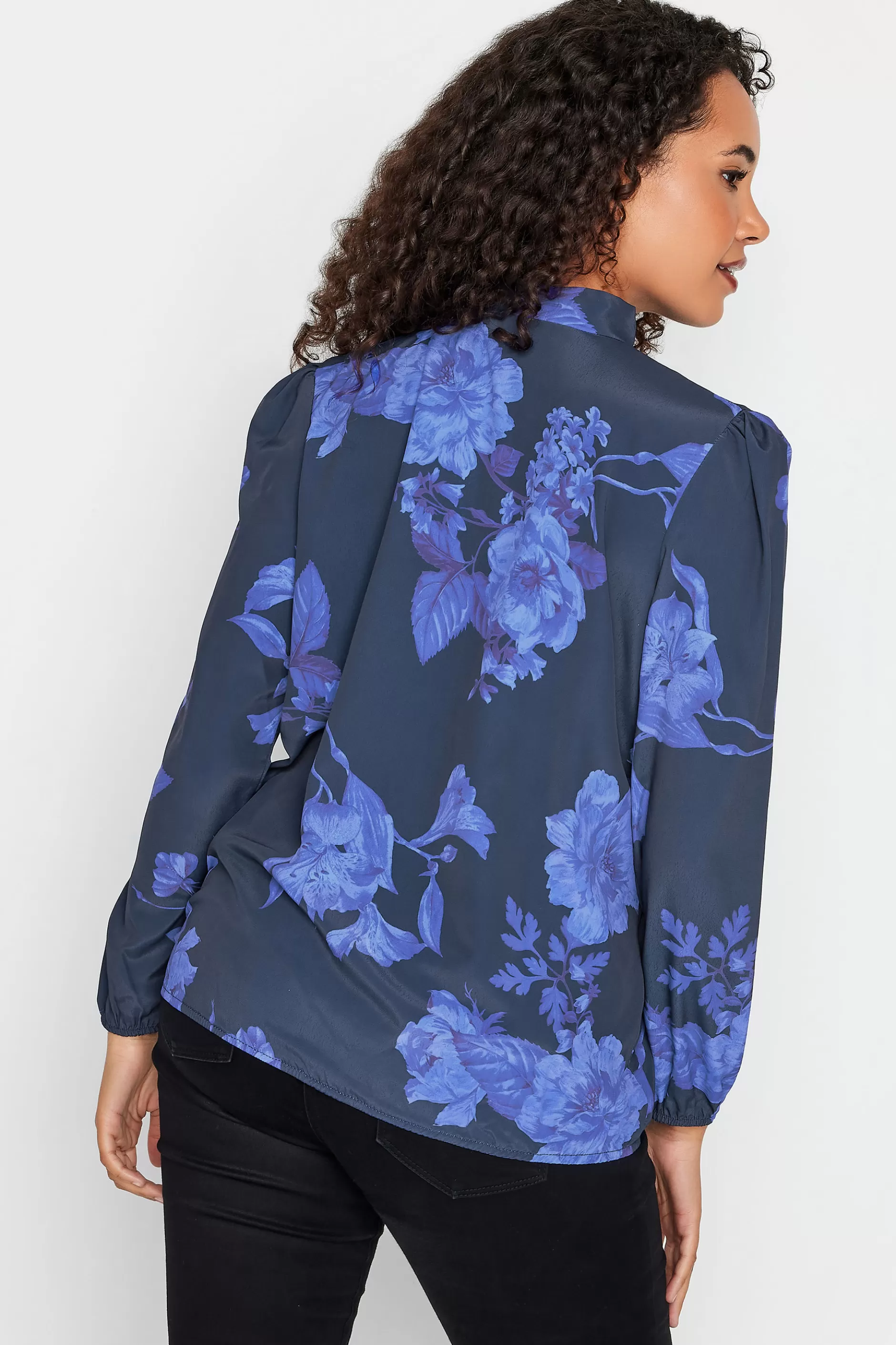 Women M&Co Blouses> Womens Blue Floral Print Tie Neck Bubble Hem Blouse