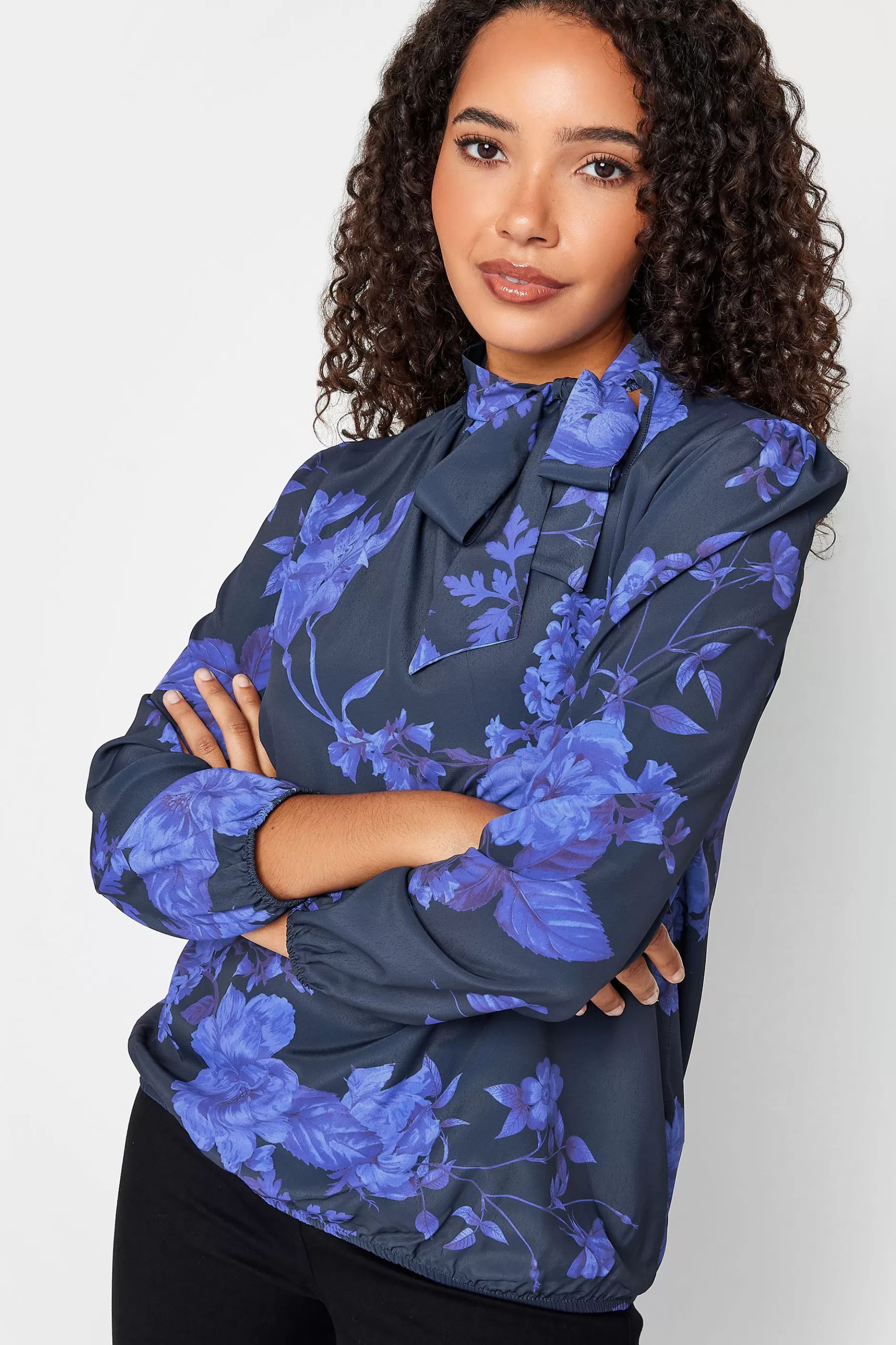 Women M&Co Blouses> Womens Blue Floral Print Tie Neck Bubble Hem Blouse