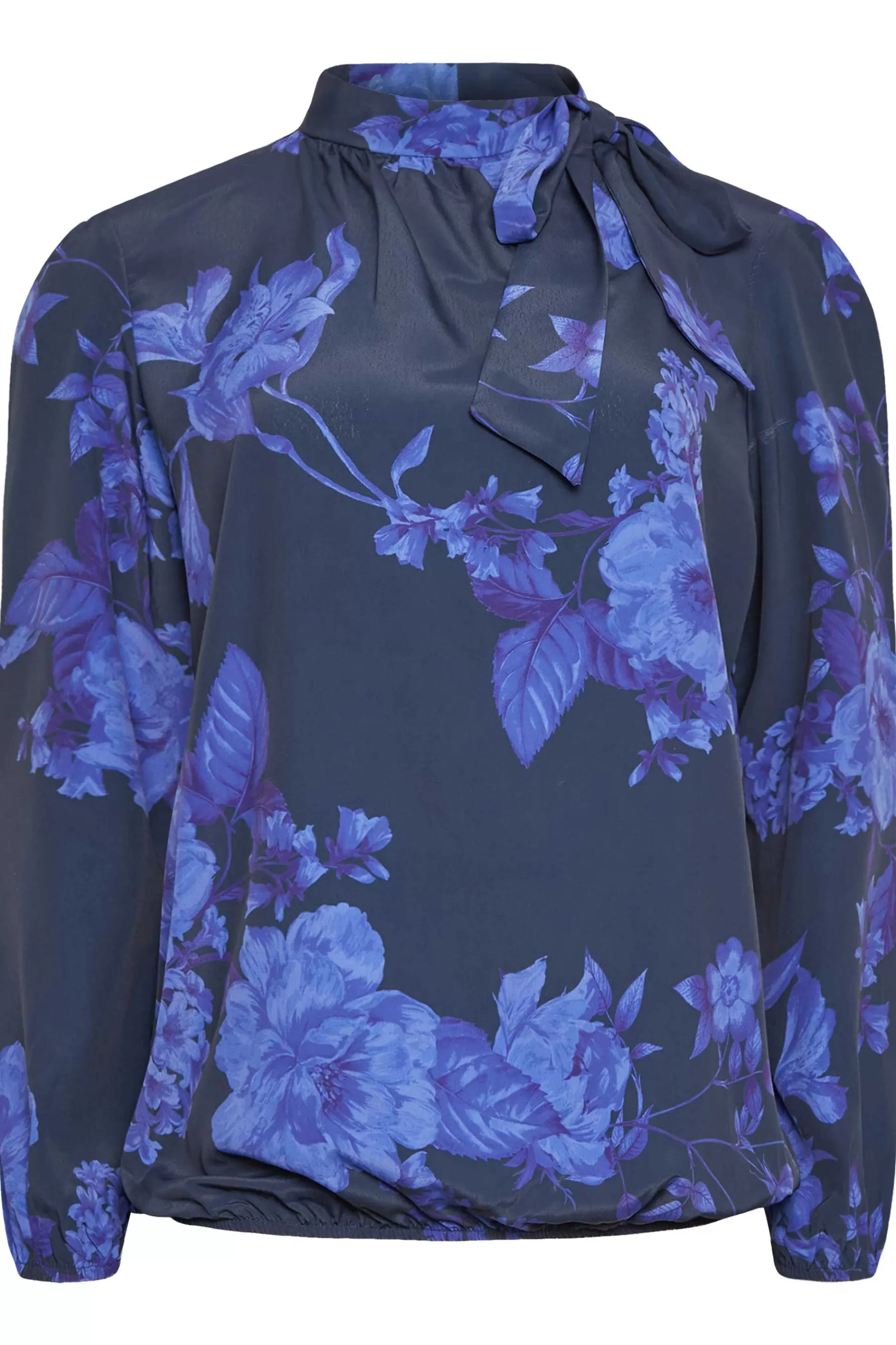 Women M&Co Blouses> Womens Blue Floral Print Tie Neck Bubble Hem Blouse