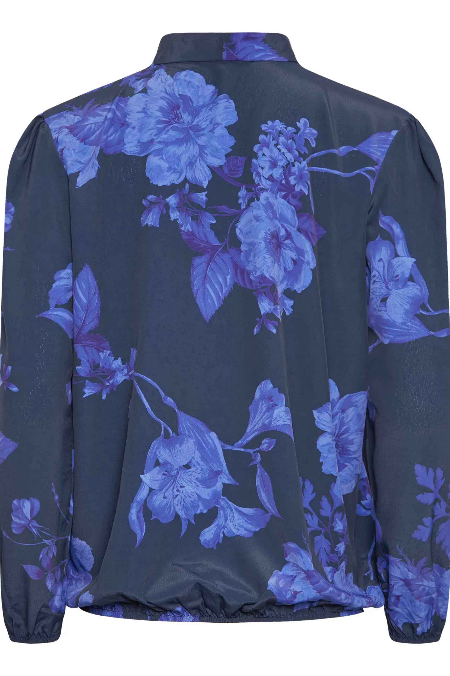 Women M&Co Blouses> Womens Blue Floral Print Tie Neck Bubble Hem Blouse