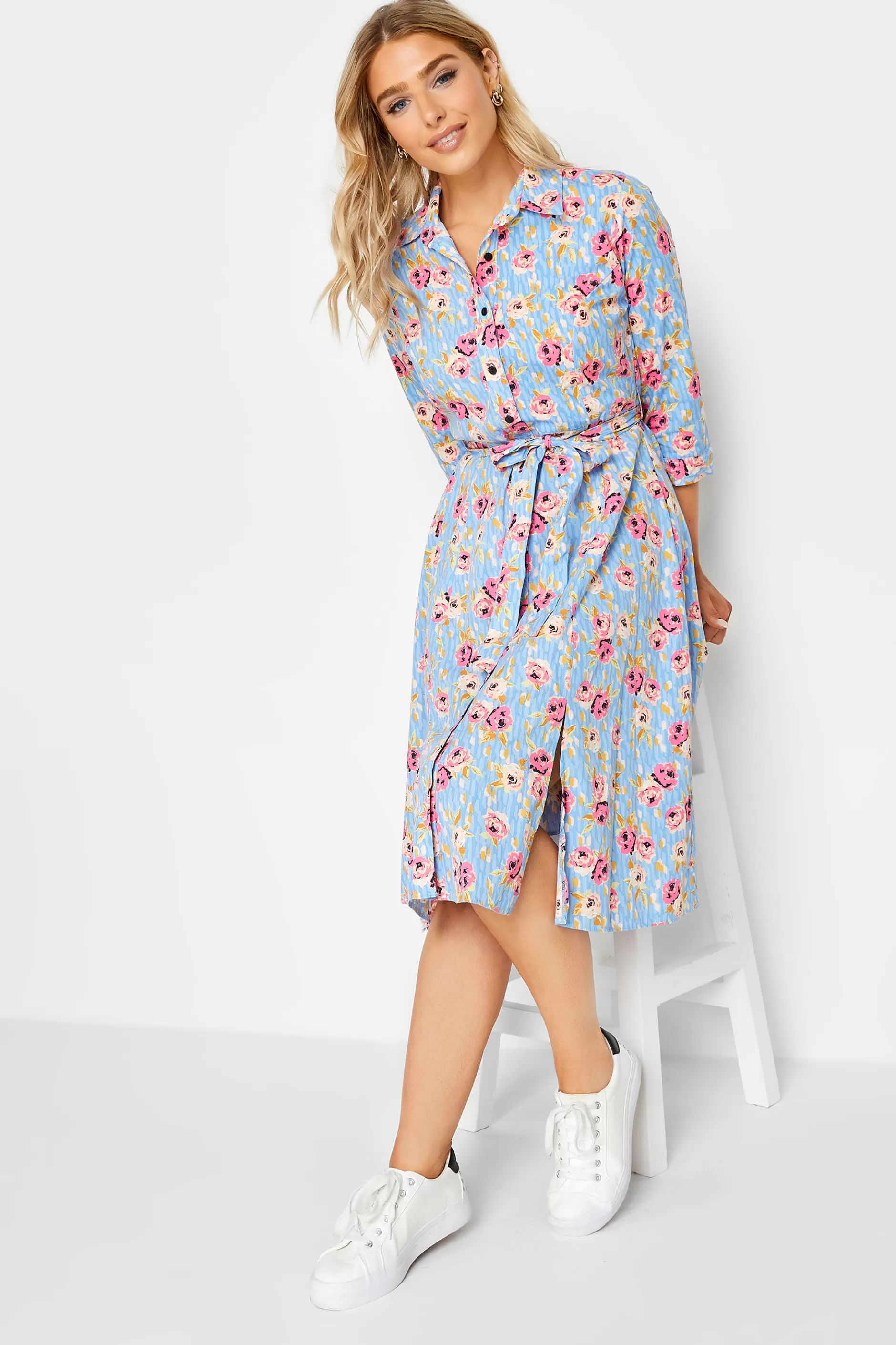 Women M&Co Wedding Guest Dresses> Womens Blue Floral Print Tie Waist Shirt Dress