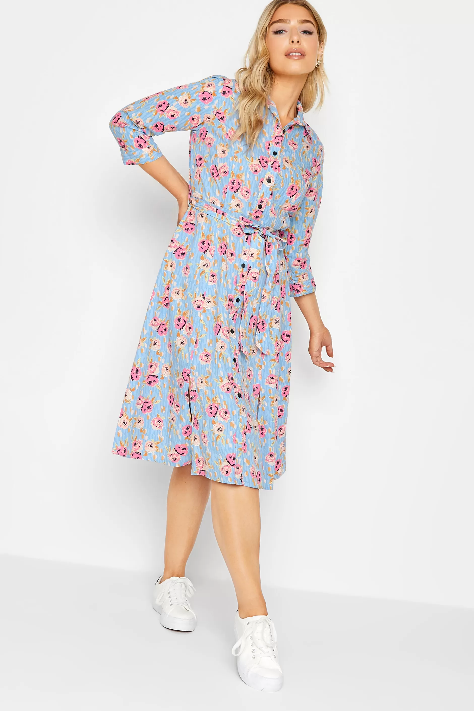 Women M&Co Wedding Guest Dresses> Womens Blue Floral Print Tie Waist Shirt Dress