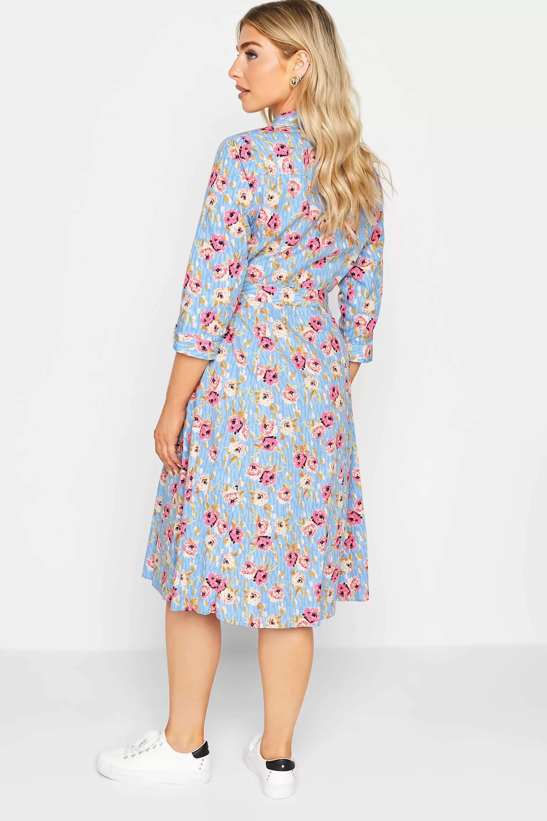 Women M&Co Wedding Guest Dresses> Womens Blue Floral Print Tie Waist Shirt Dress