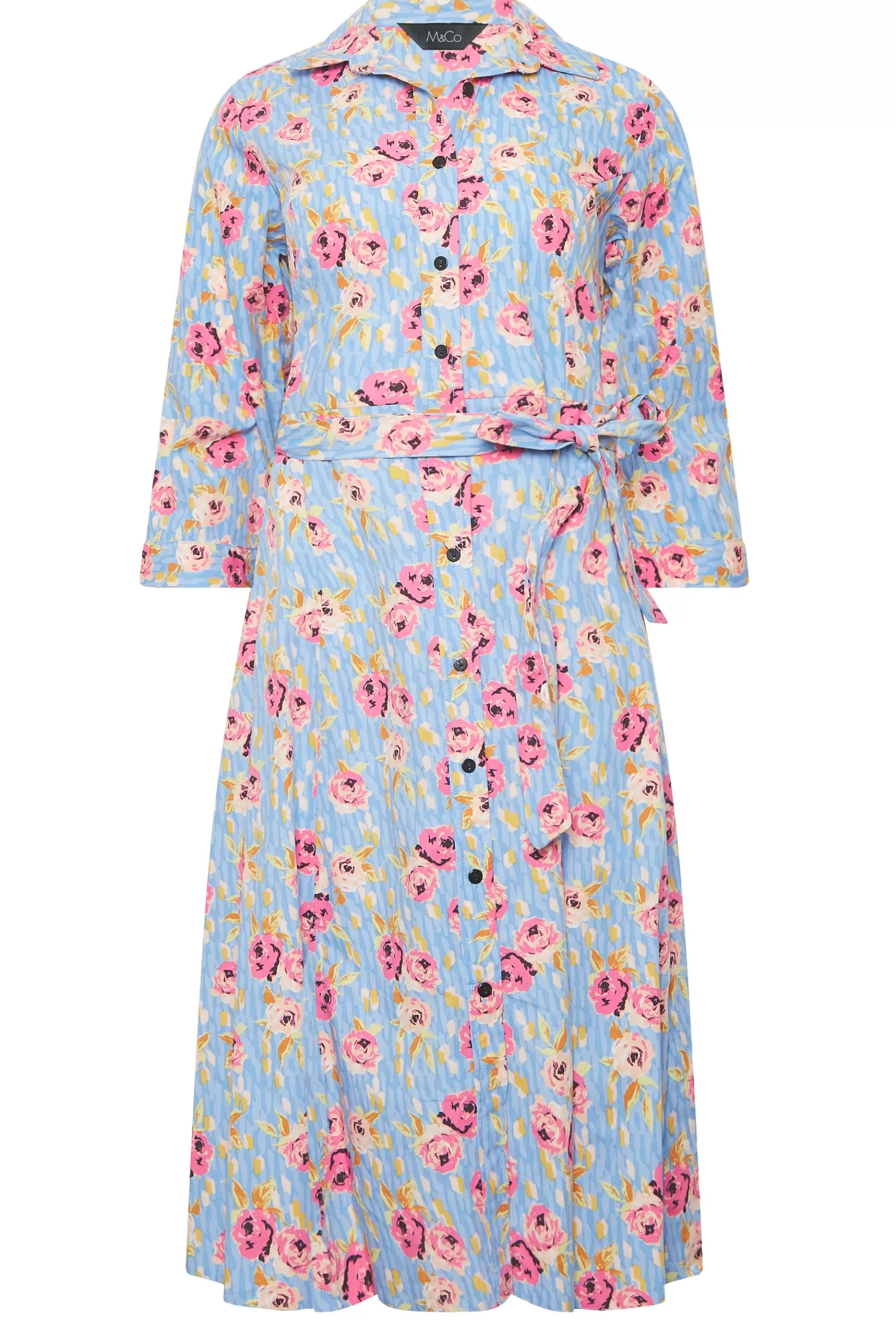 Women M&Co Wedding Guest Dresses> Womens Blue Floral Print Tie Waist Shirt Dress