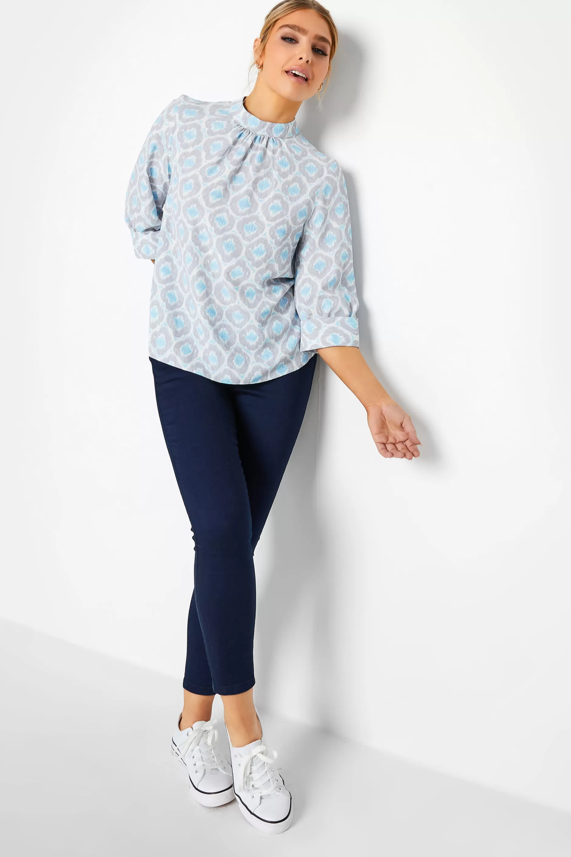 Women M&Co Blouses> Womens Blue Geometric Print High Neck Blouse