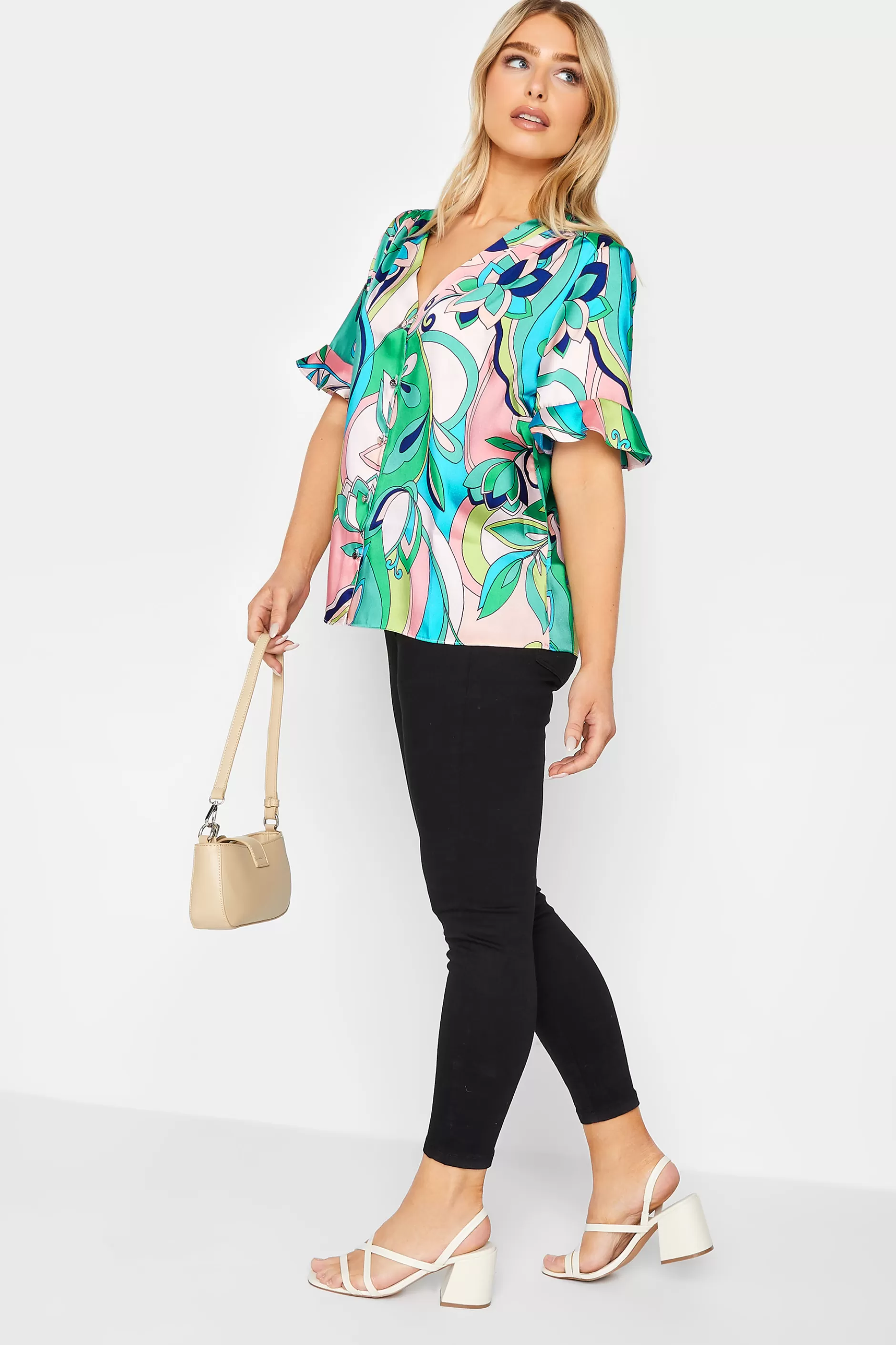 Women M&Co Short Sleeve Tops> Womens Blue Geometric Print Satin Blouse