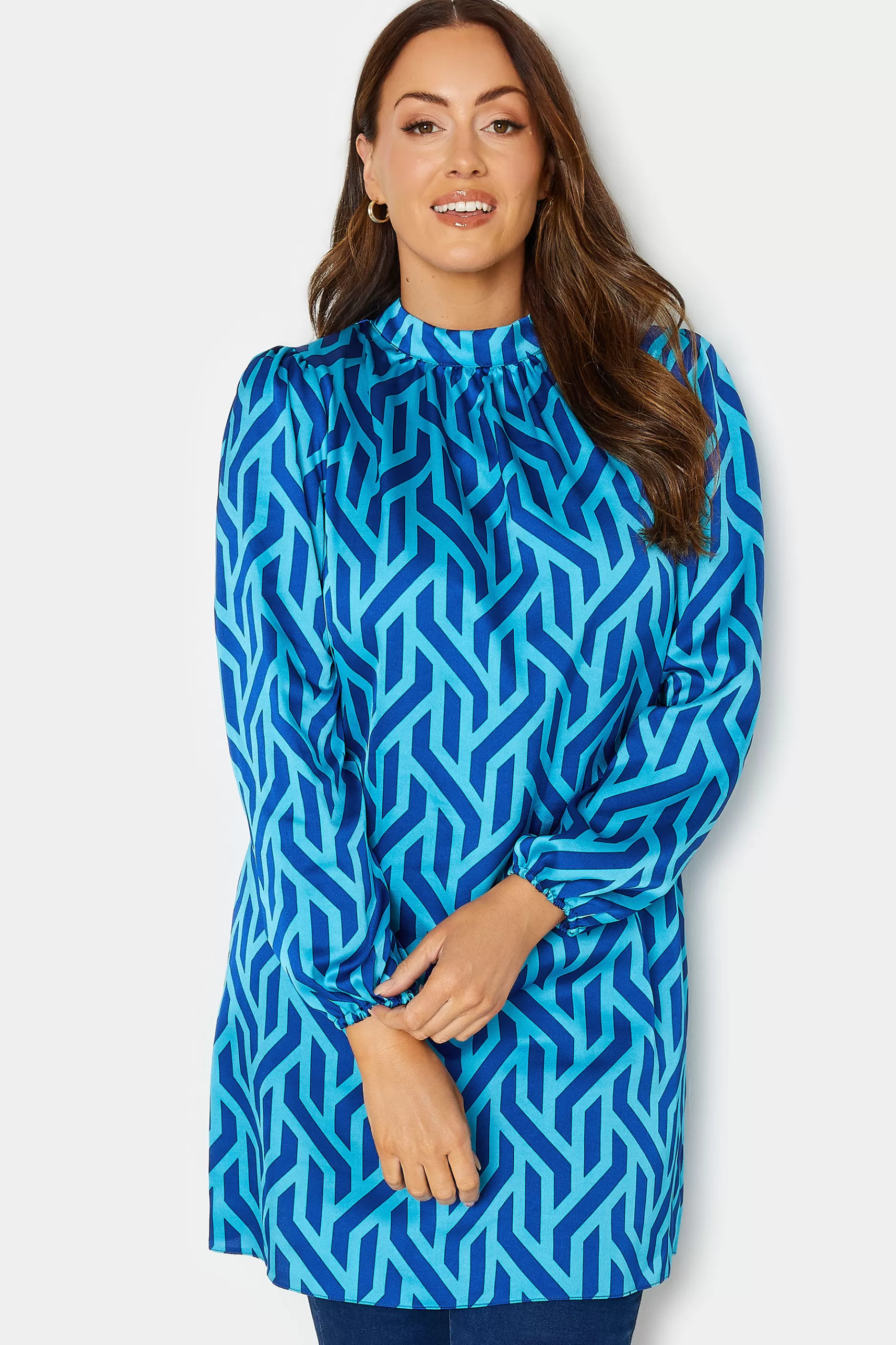 Women M&Co Long Sleeve Tops> Womens Blue Geometric Print Satin Tunic Blouse