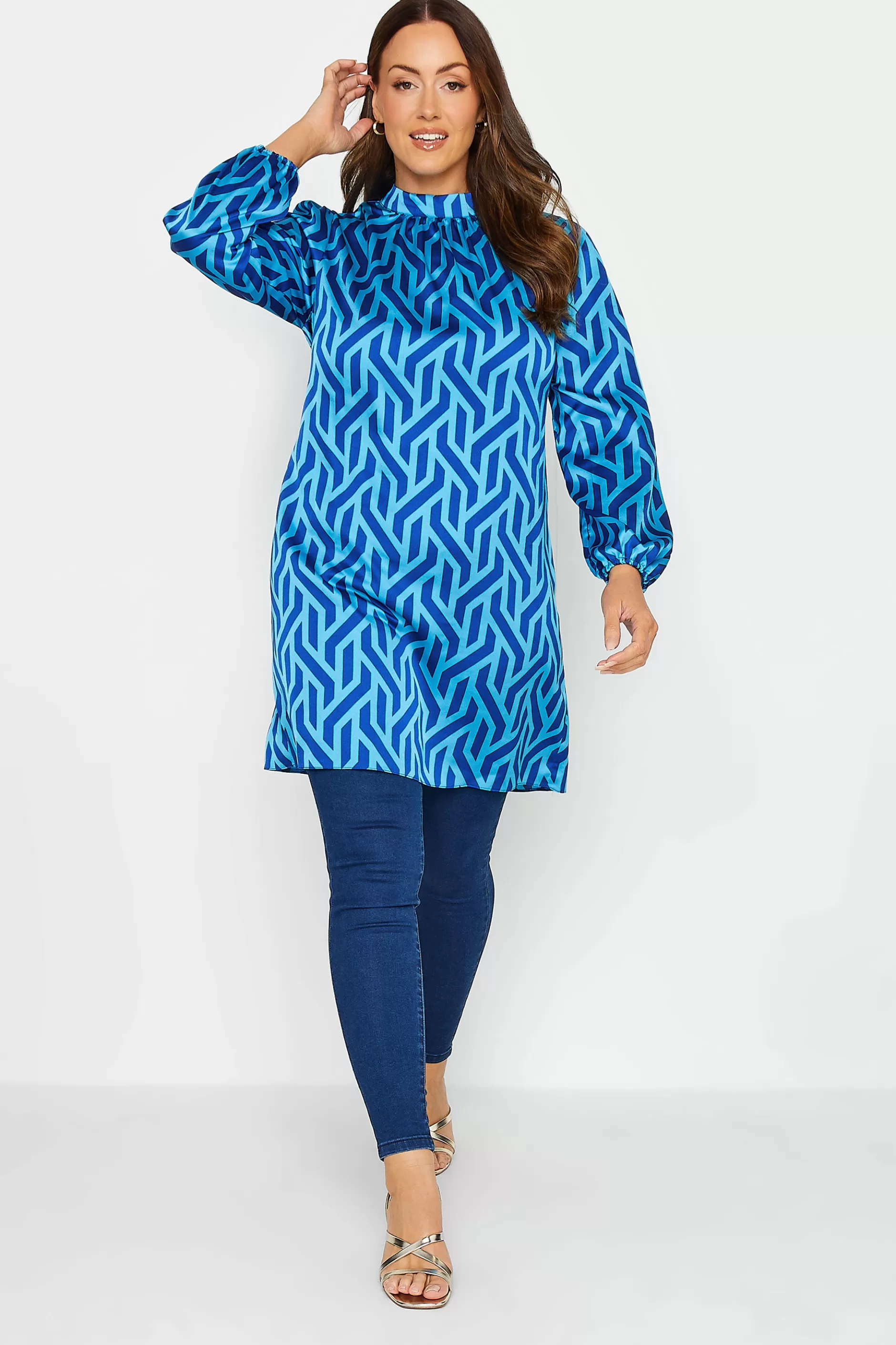 Women M&Co Long Sleeve Tops> Womens Blue Geometric Print Satin Tunic Blouse