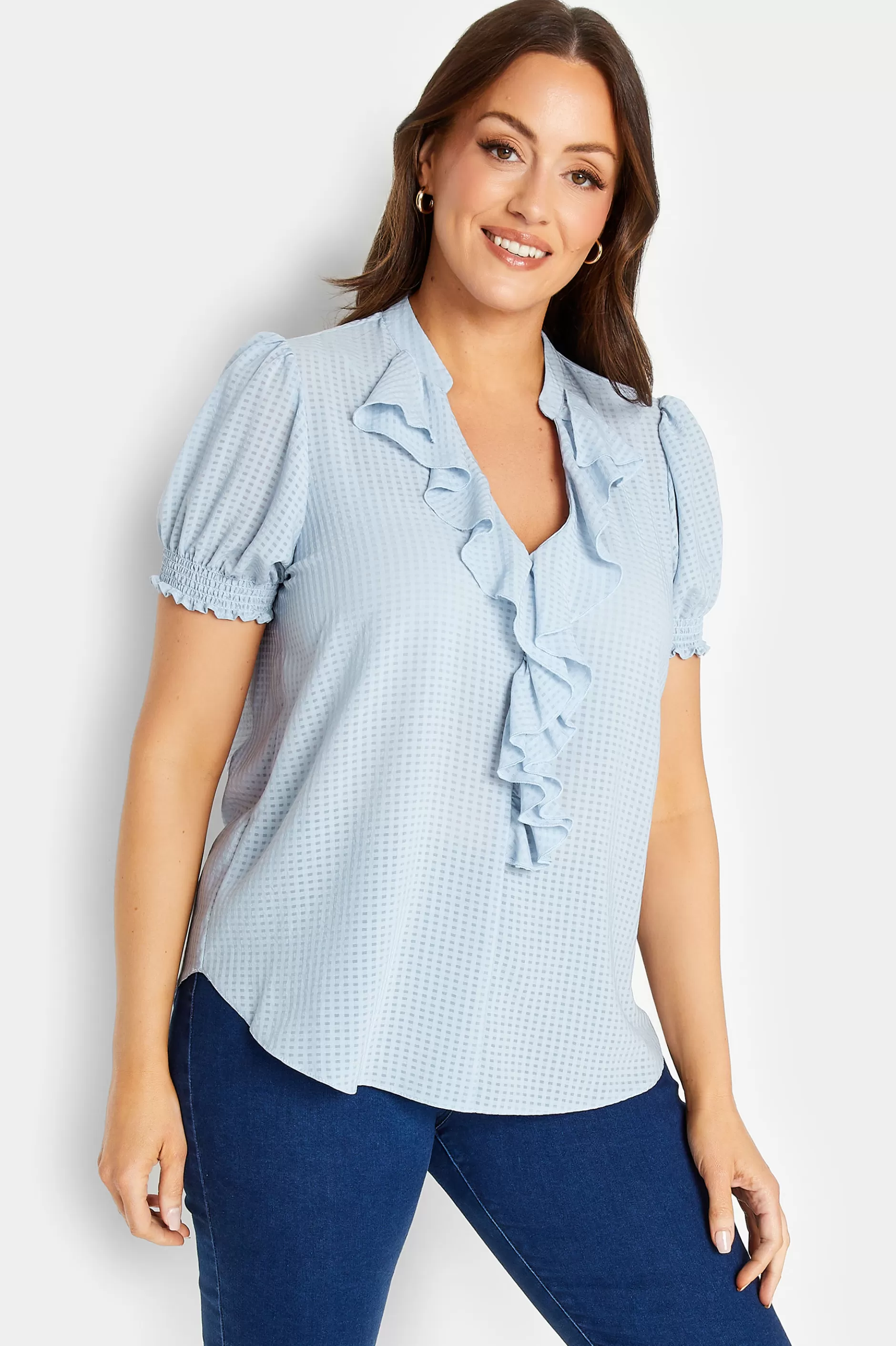 Women M&Co Short Sleeve Tops> Womens Blue Gingham Frill Front Blouse