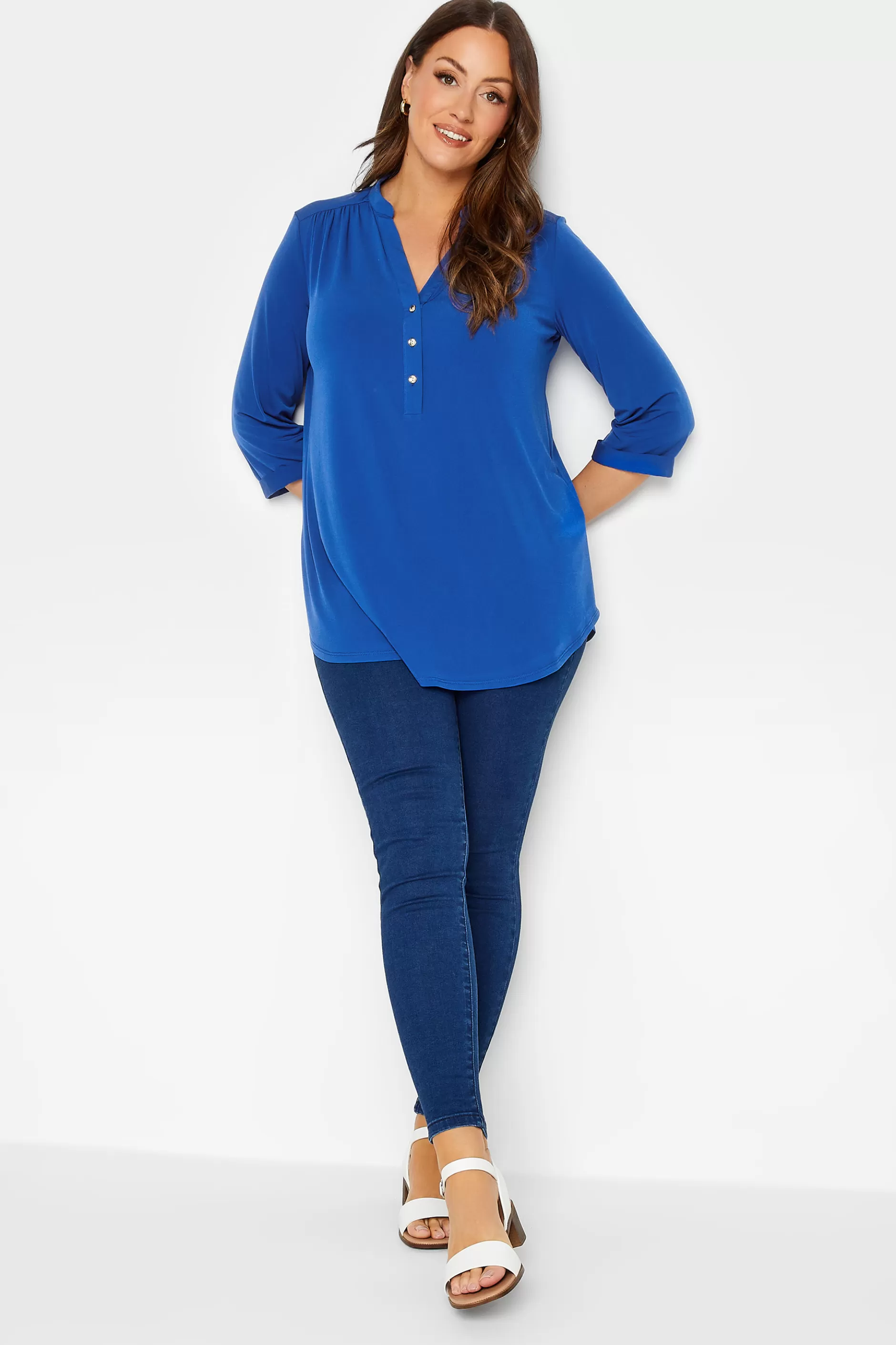 Women M&Co Blouses> Womens Blue Half Placket Blouse