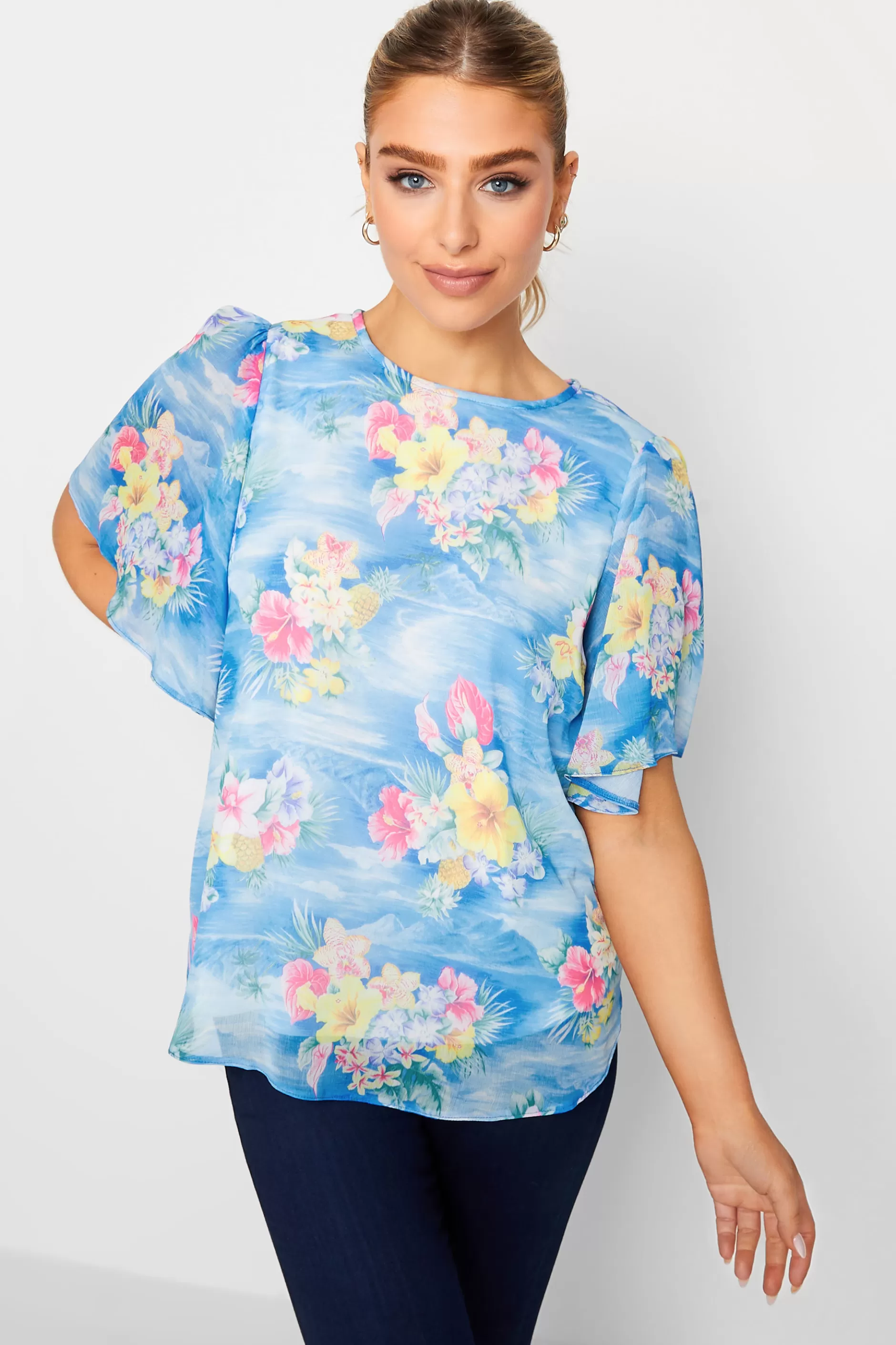 Women M&Co Blouses> Womens Blue Hawaiian Print Angel Sleeve Blouse