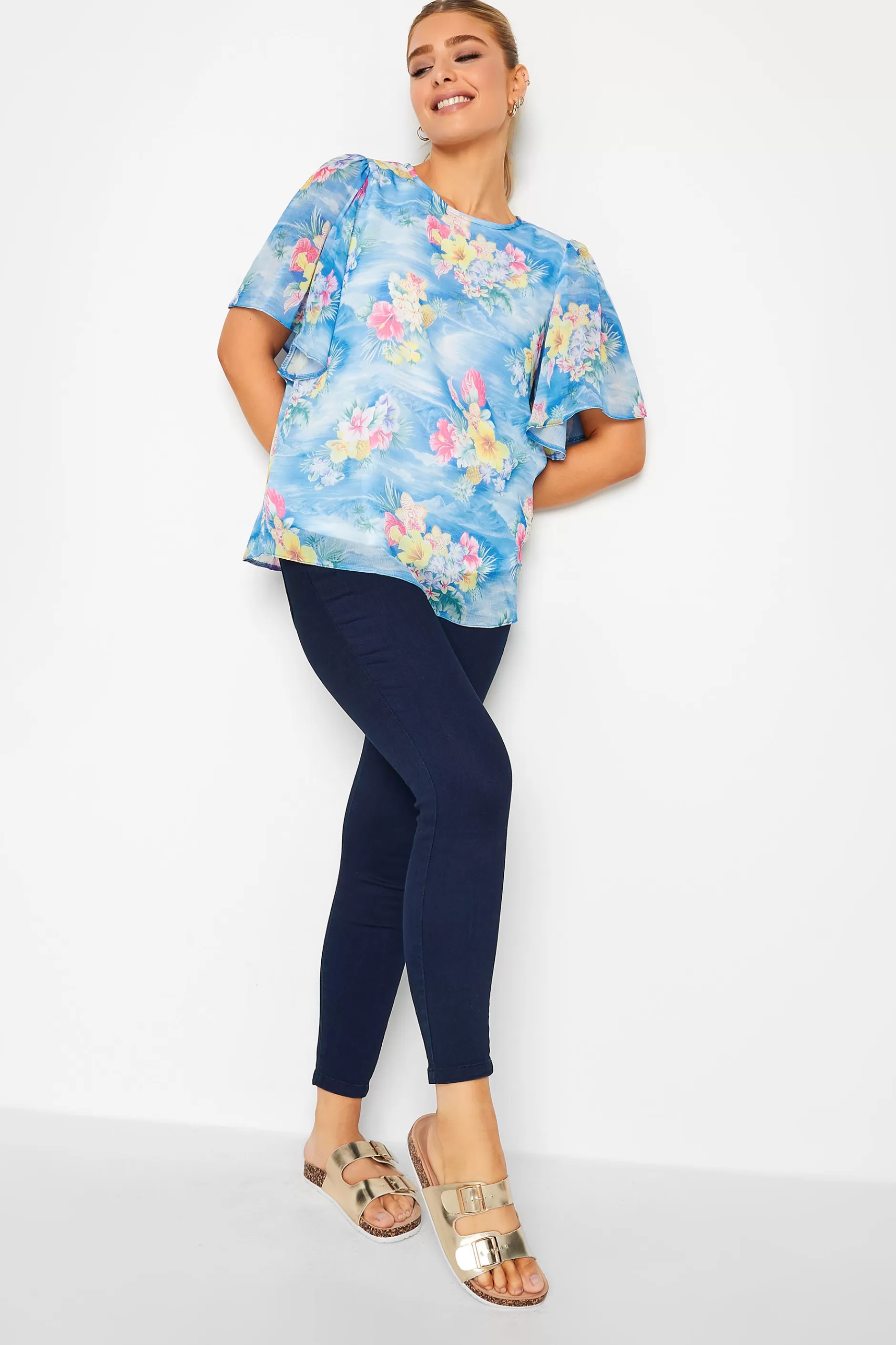 Women M&Co Blouses> Womens Blue Hawaiian Print Angel Sleeve Blouse