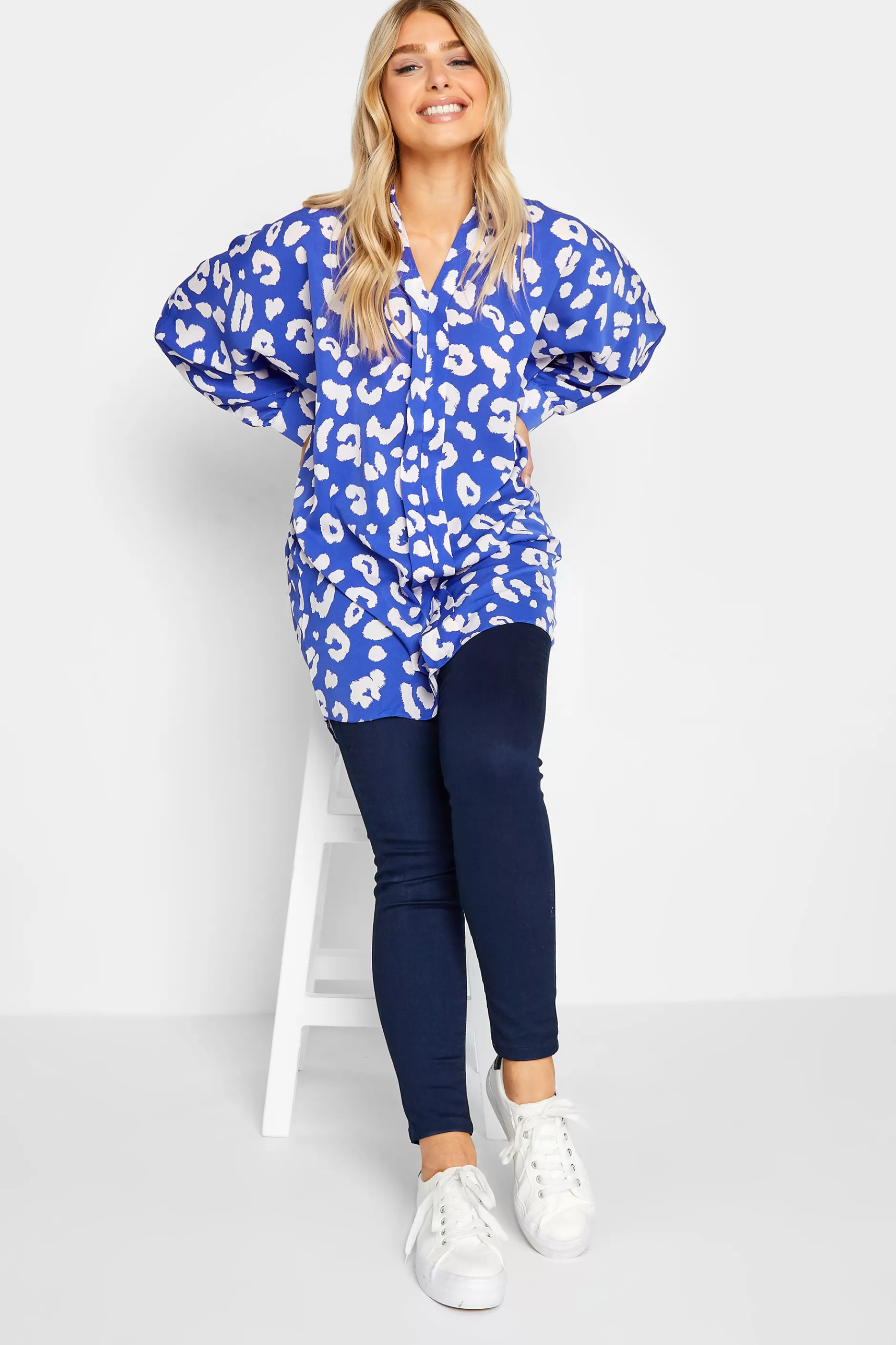 Women M&Co Shirts> Womens Blue Leopard Print Blouse