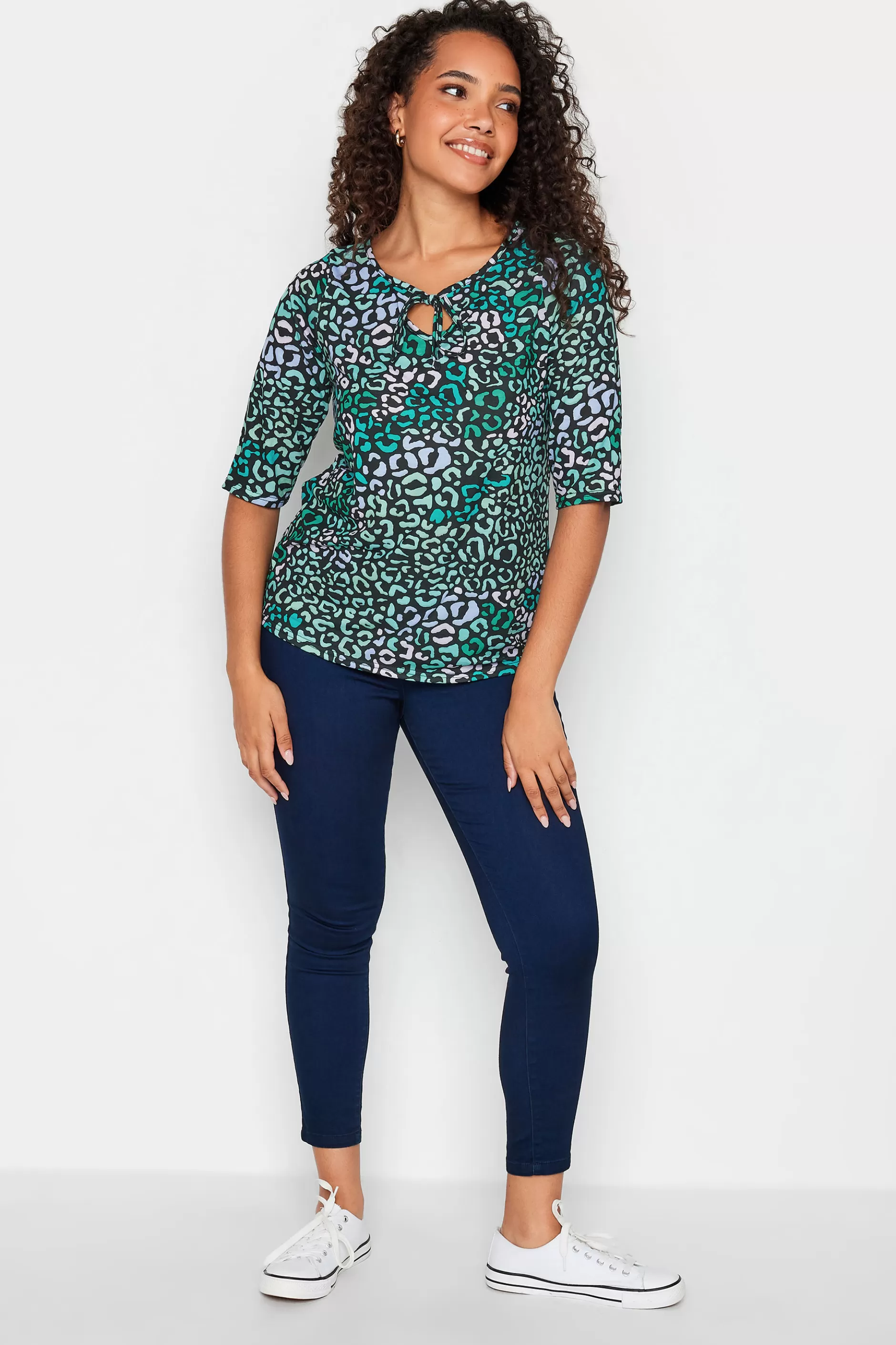 Women M&Co Long Sleeve Tops> Womens Blue Leopard Print Tie Front Top