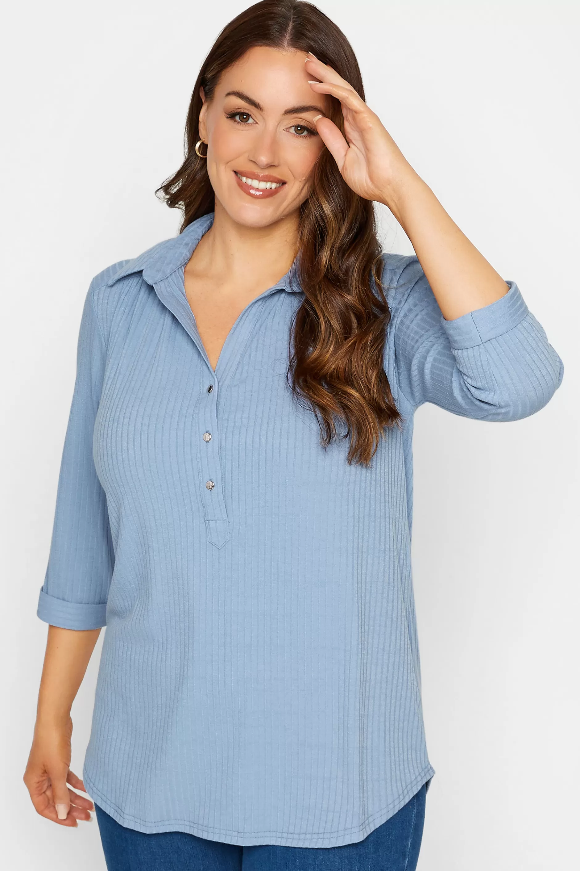 Women M&Co Shirts> Womens Blue Ribbed V-Neck Shirt