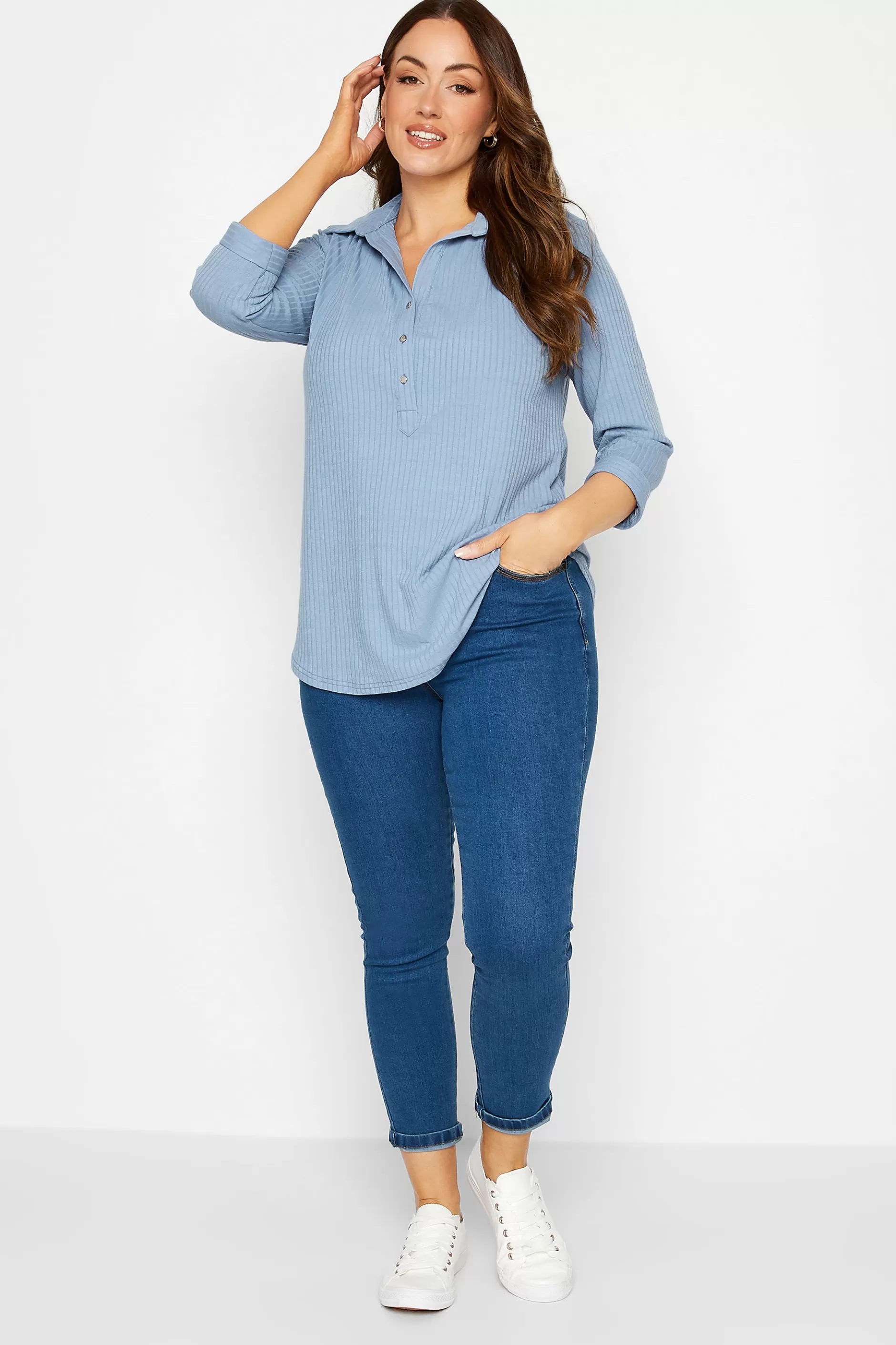 Women M&Co Shirts> Womens Blue Ribbed V-Neck Shirt