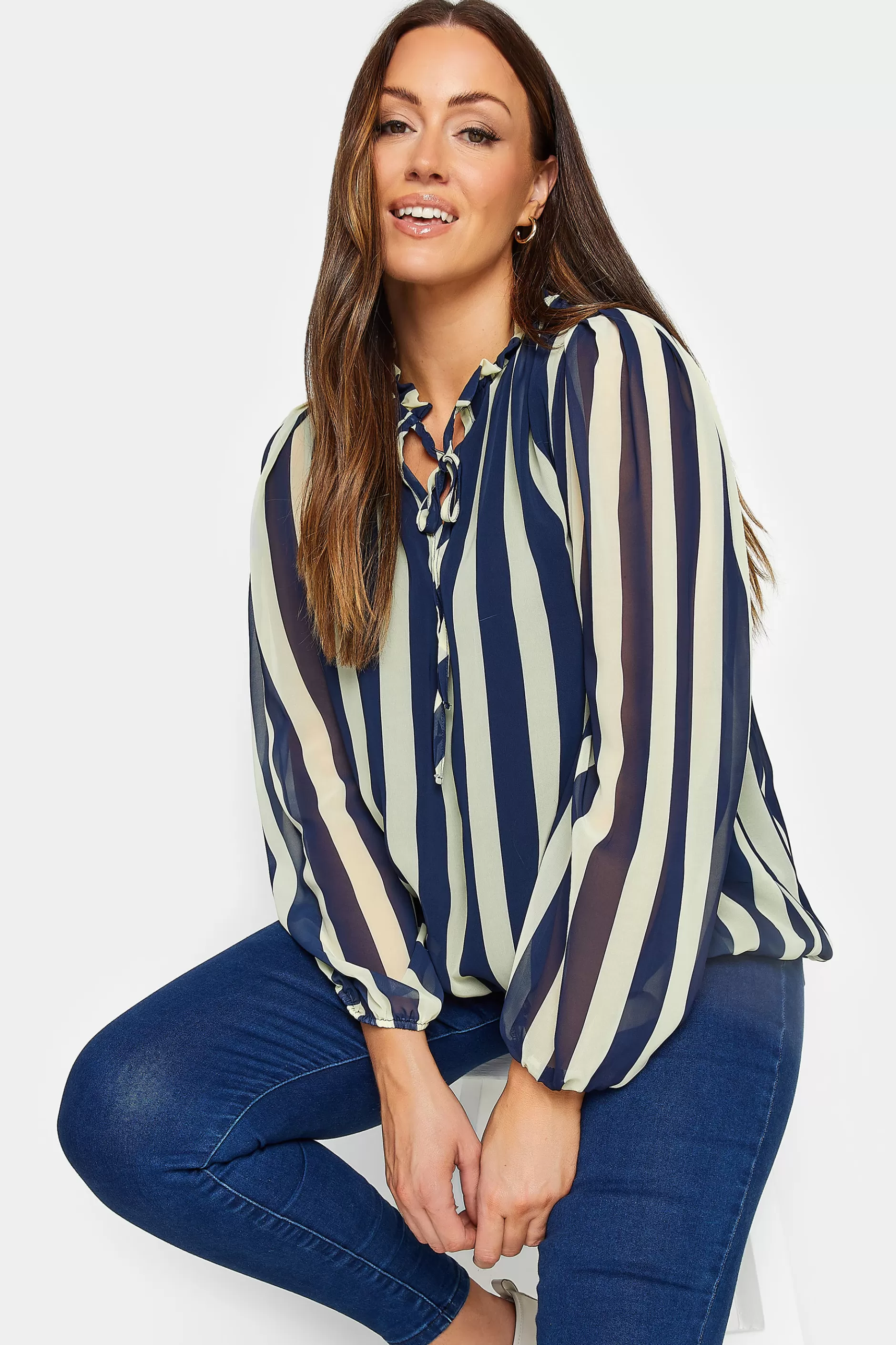 Women M&Co Shirts> Womens Blue Stripe Tie Neck Blouse