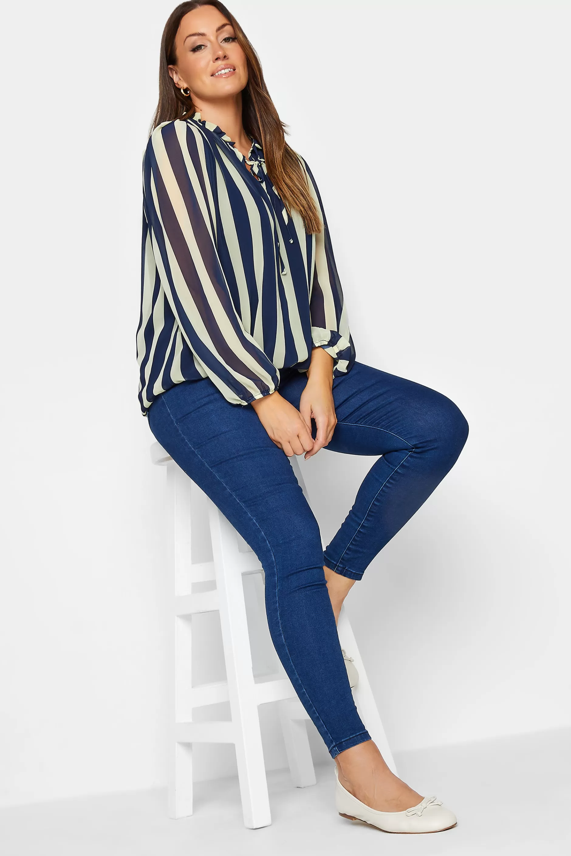 Women M&Co Shirts> Womens Blue Stripe Tie Neck Blouse