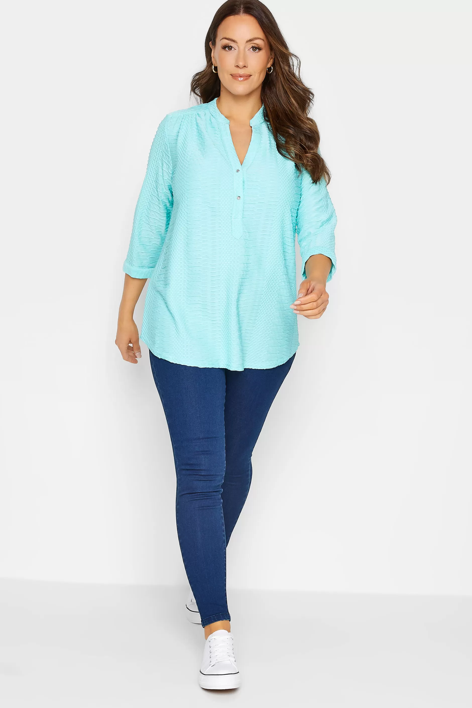 Women M&Co Shirts> Womens Blue Textured Placket Shirt