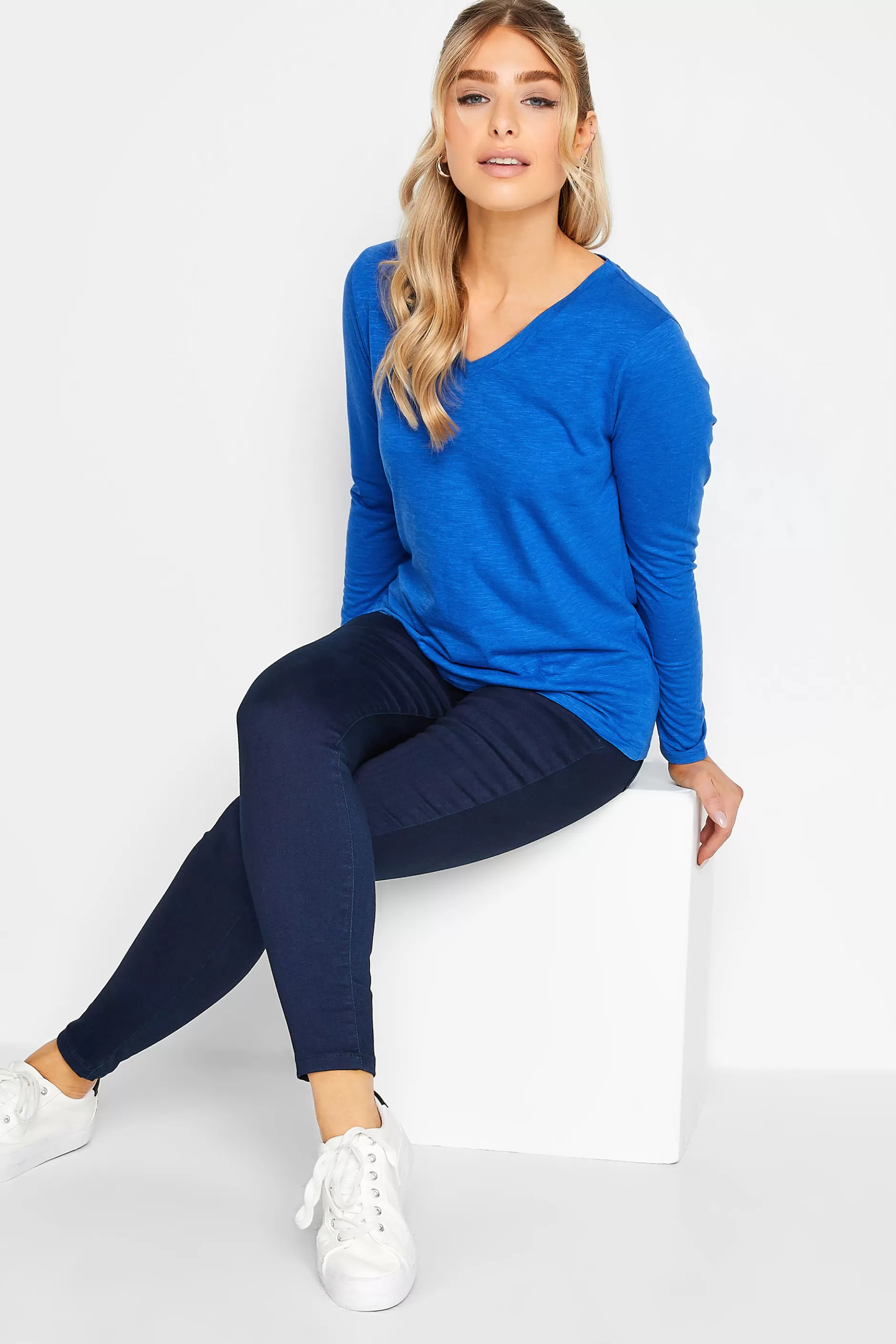 Women M&Co T-Shirts> Womens Blue V-Neck Long Sleeve Cotton T-Shirt