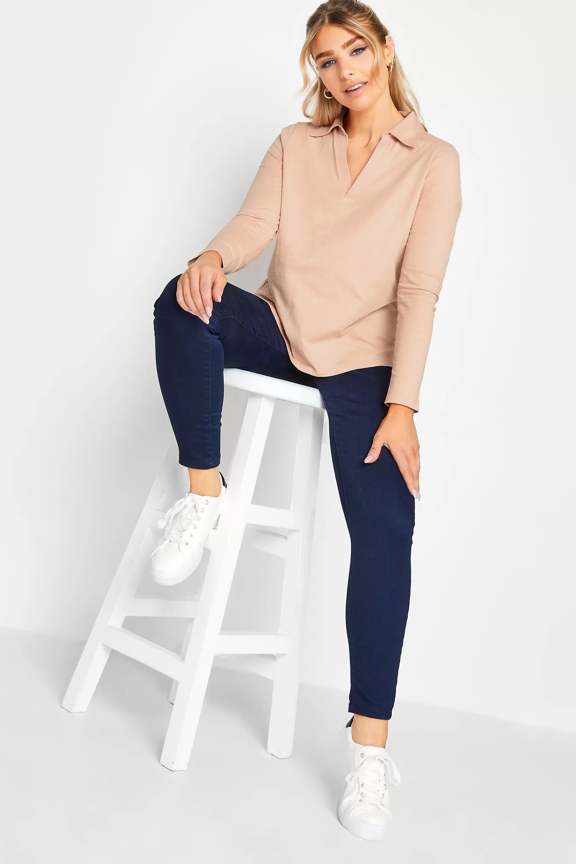 Women M&Co T-Shirts> Womens Blush Pink Collared Long Sleeve Cotton Top