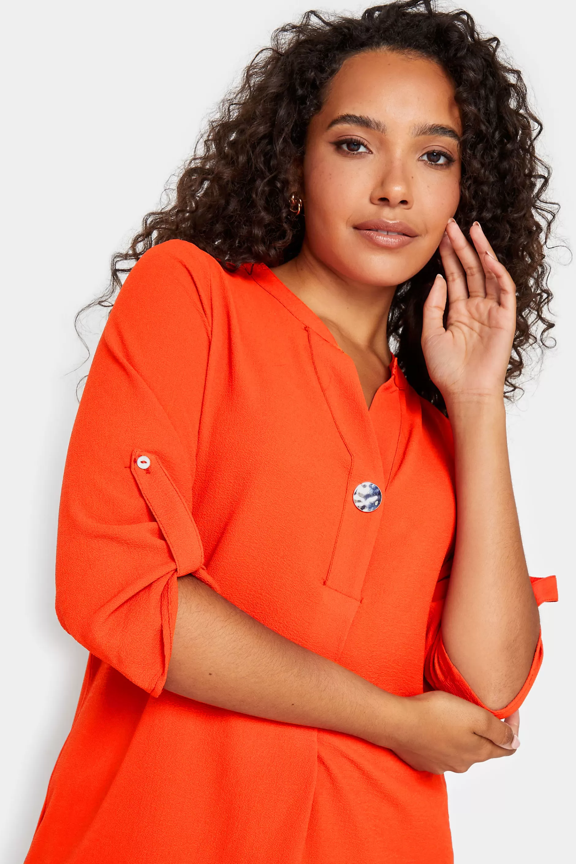 Women M&Co Shirts> Womens Bright Orange Statement Button Tab Sleeve Shirt