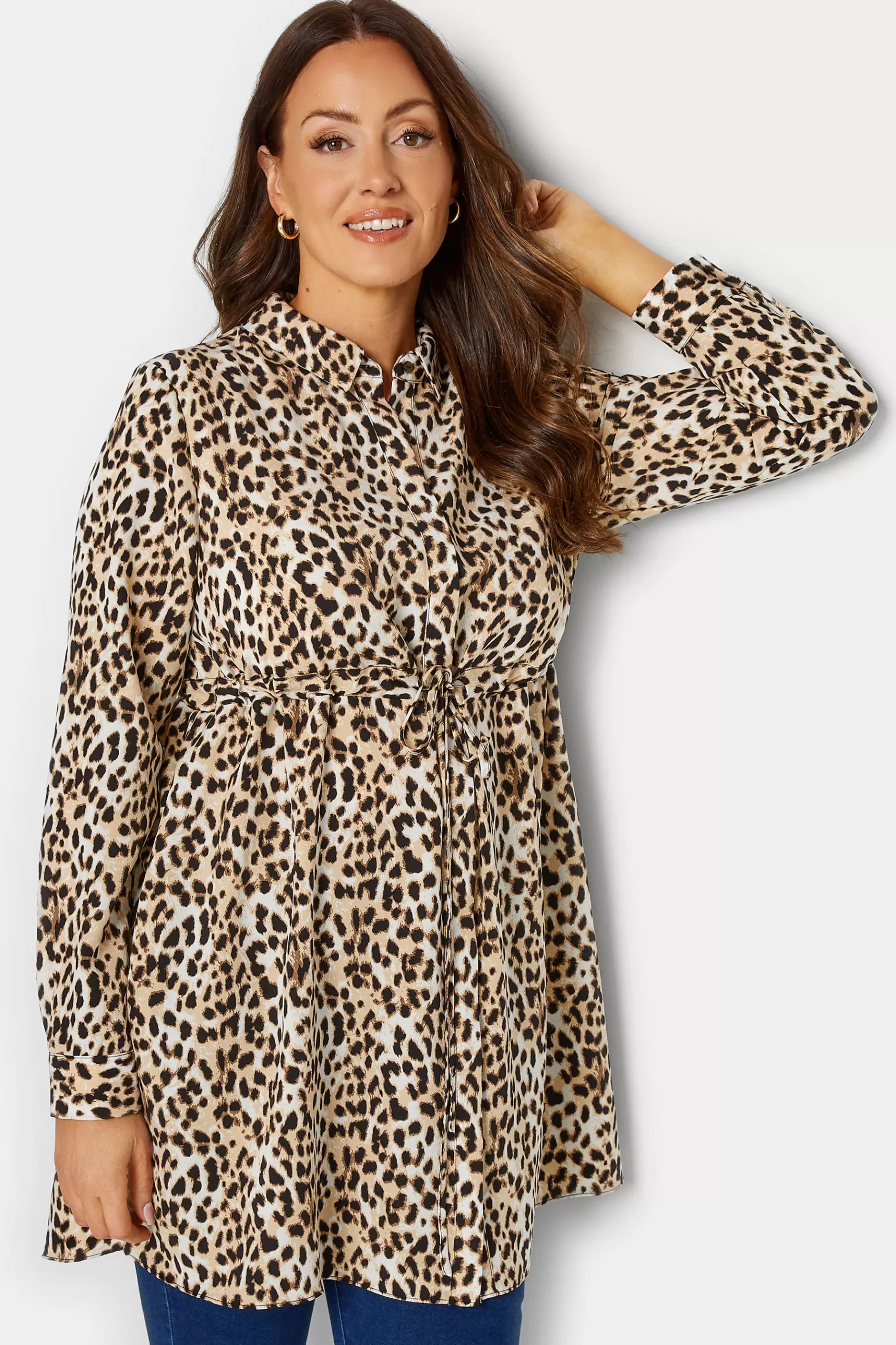 Women M&Co Shirts> Womens Brown Animal Print Tie Waist Tunic Shirt