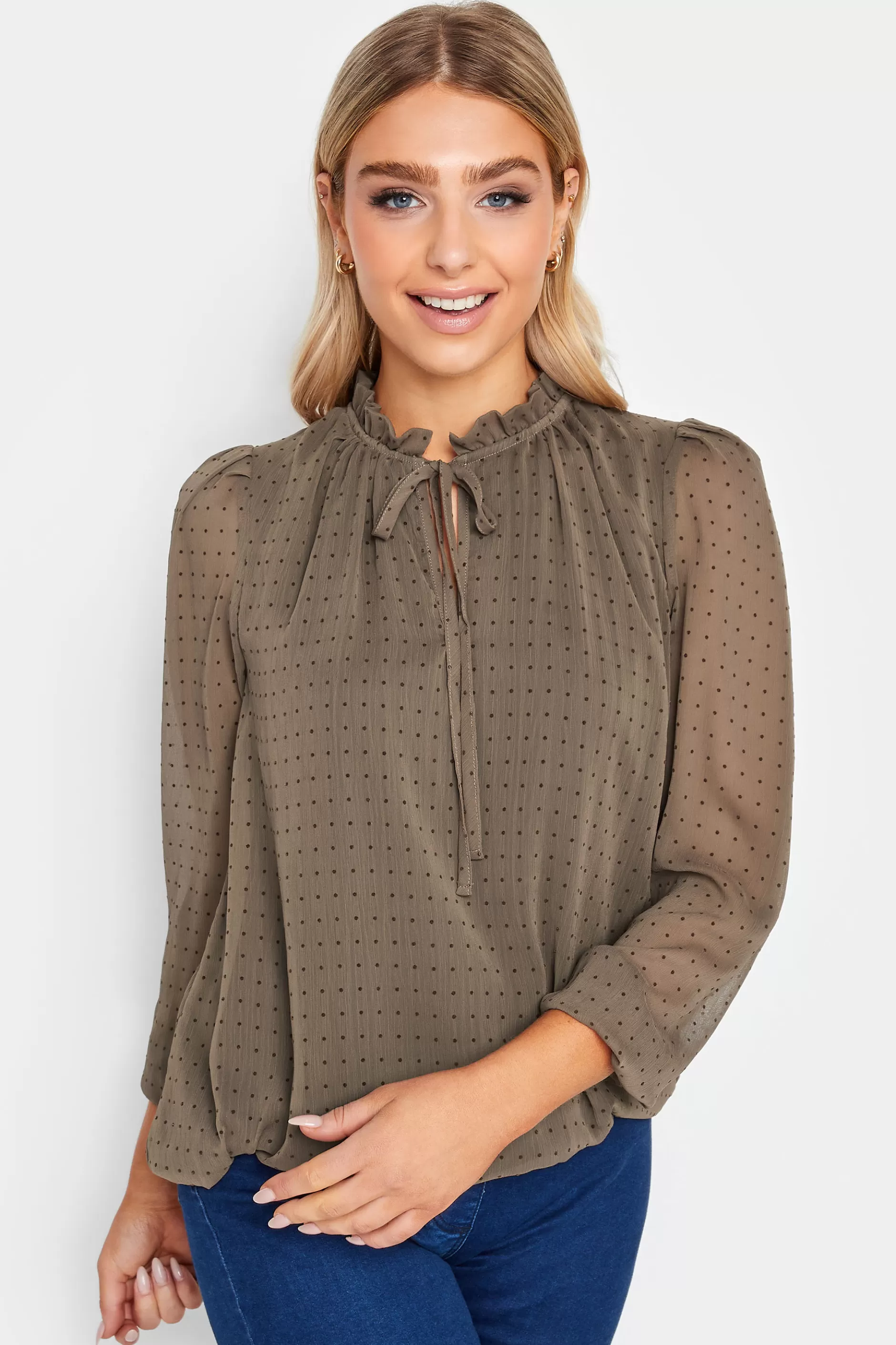 Women M&Co Long Sleeve Tops> Womens Brown Dobby Tie Neck Blouse